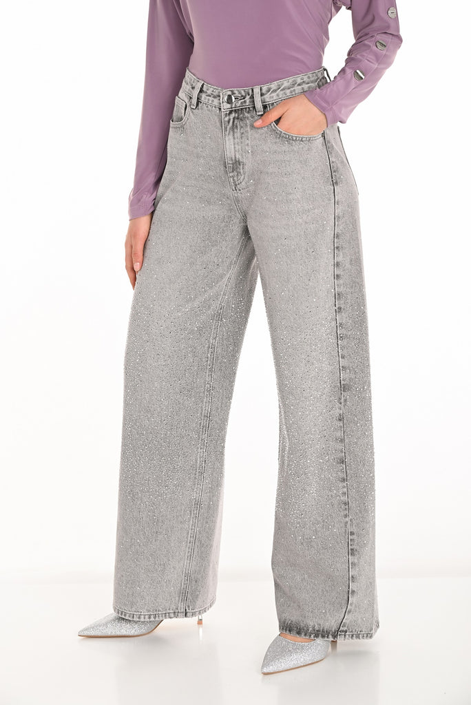 Frank Lyman High Waited grey wide leg jeans with sequin detail on front and back