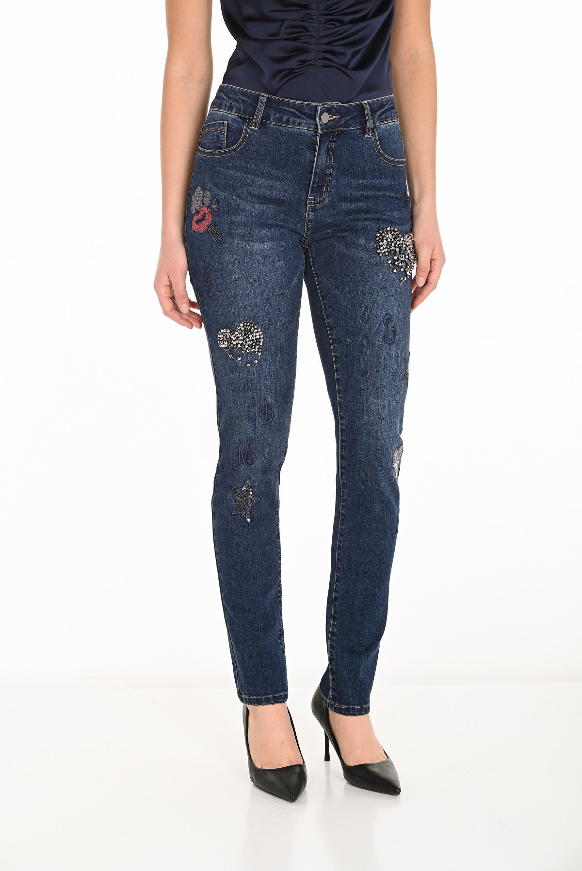 Frank Lyman 5 pocket Skinny blue jeans with sequin front print detail