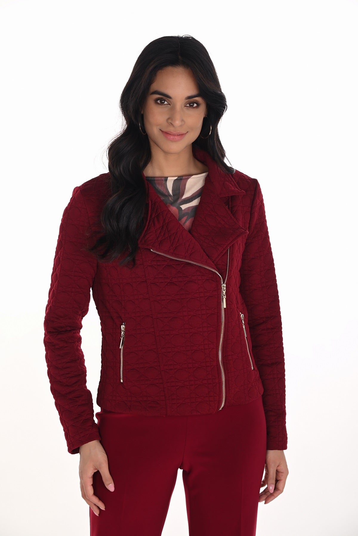 Burgundy motto jacket with gold zipper detail