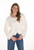 Winter white eyelash knit short cardigan sweater with front crystal stone detail