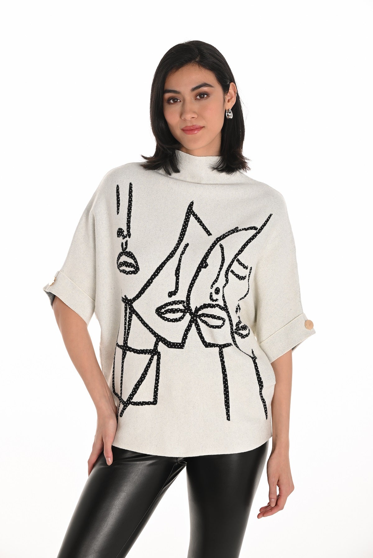 Beige black mock neck sweater with front sequin print detail