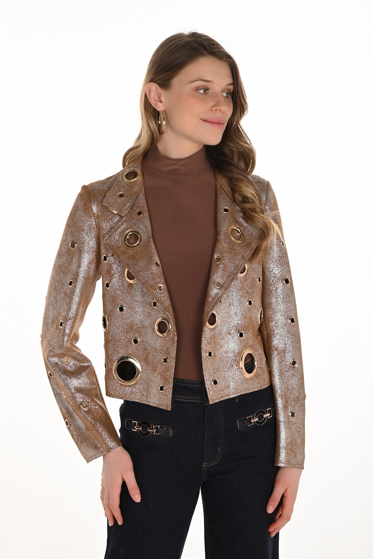 Edgy iridescent gold open front jacket with eyelid detail on front.