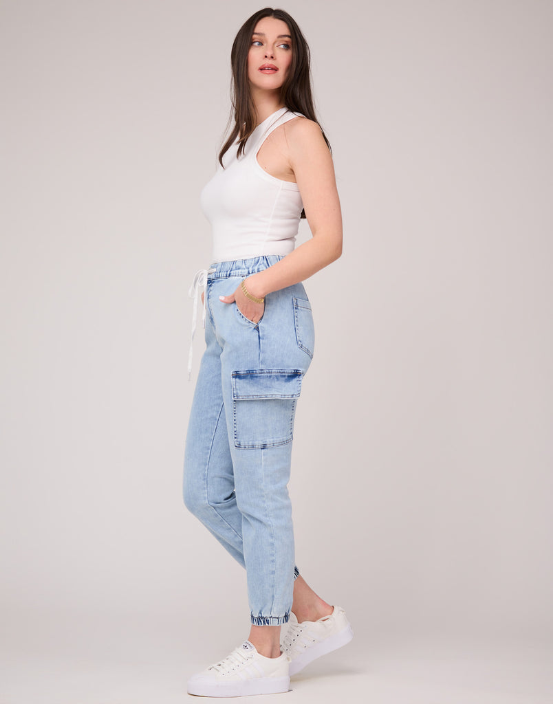 Second Denim Yoga Jeans High Rise Relaxed Fit Cargo Style Jeans With Fly Front and Drawstring Detail