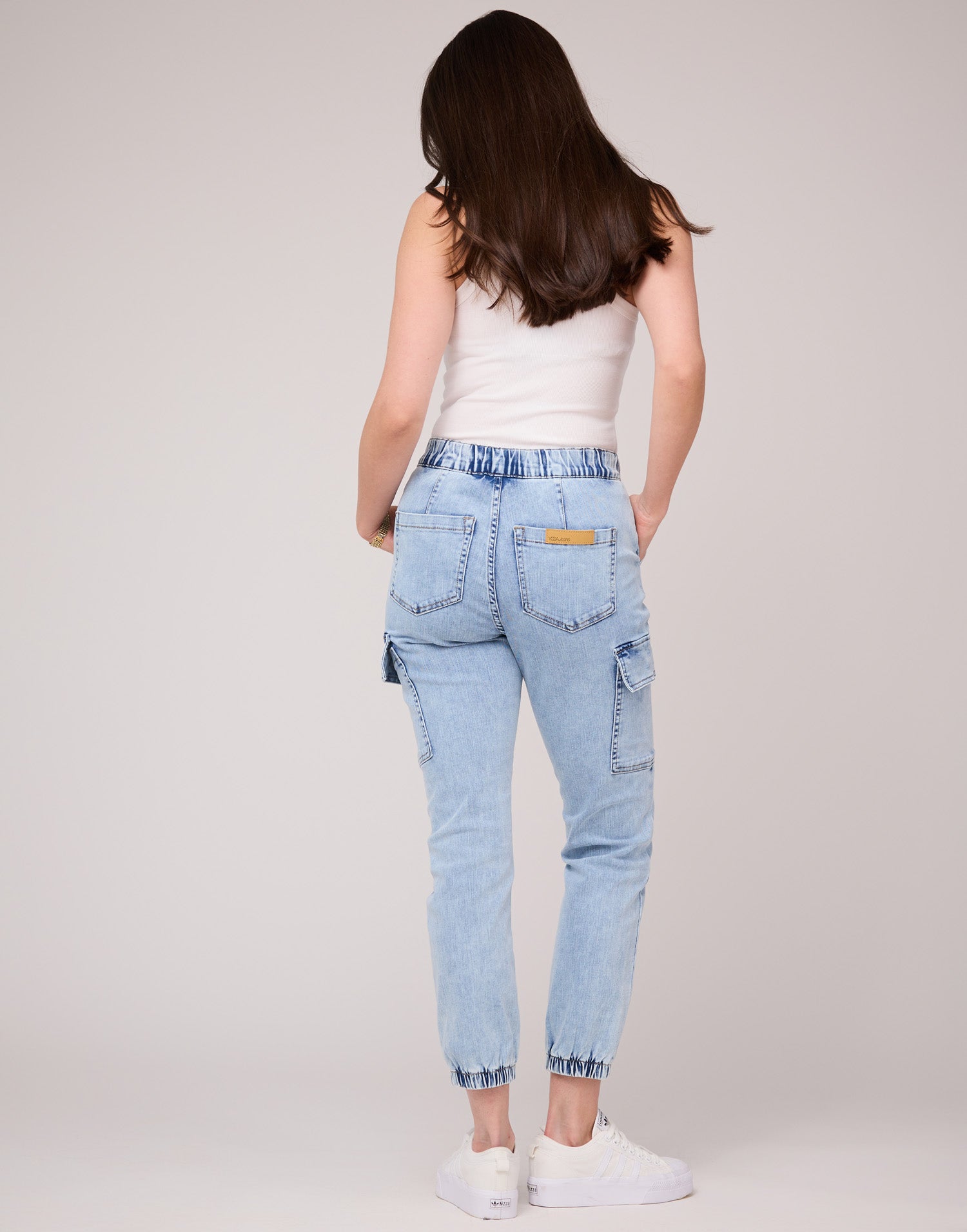 Second Denim Yoga Jeans High Rise Relaxed Fit Cargo Style Jeans With Fly Front and Drawstring Detail