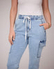 Second Denim Yoga Jeans High Rise Relaxed Fit Cargo Style Jeans With Fly Front and Drawstring Detail