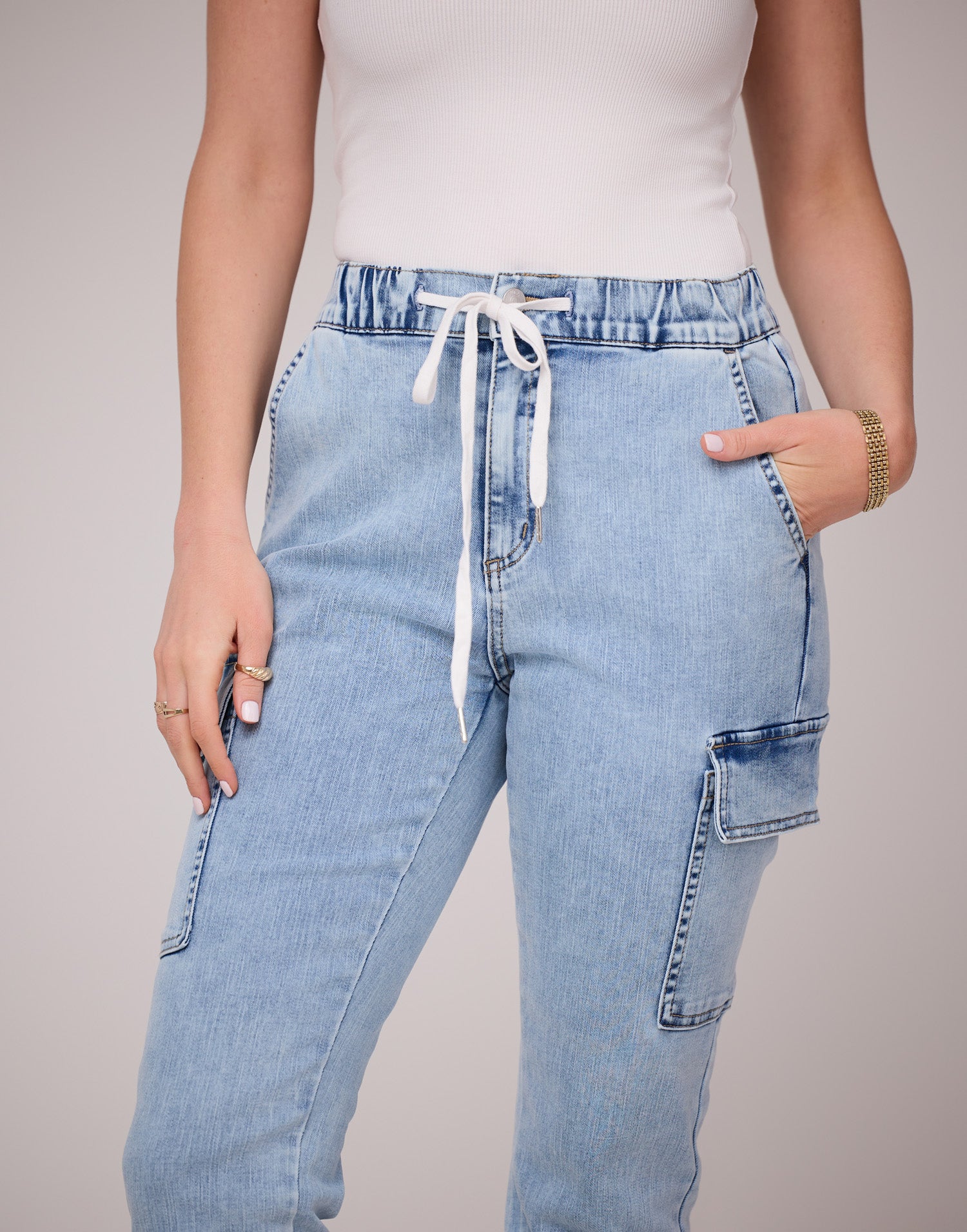 Second Denim Yoga Jeans High Rise Relaxed Fit Cargo Style Jeans With Fly Front and Drawstring Detail