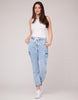 Second Denim Yoga Jeans High Rise Relaxed Fit Cargo Style Jeans With Fly Front and Drawstring Detail