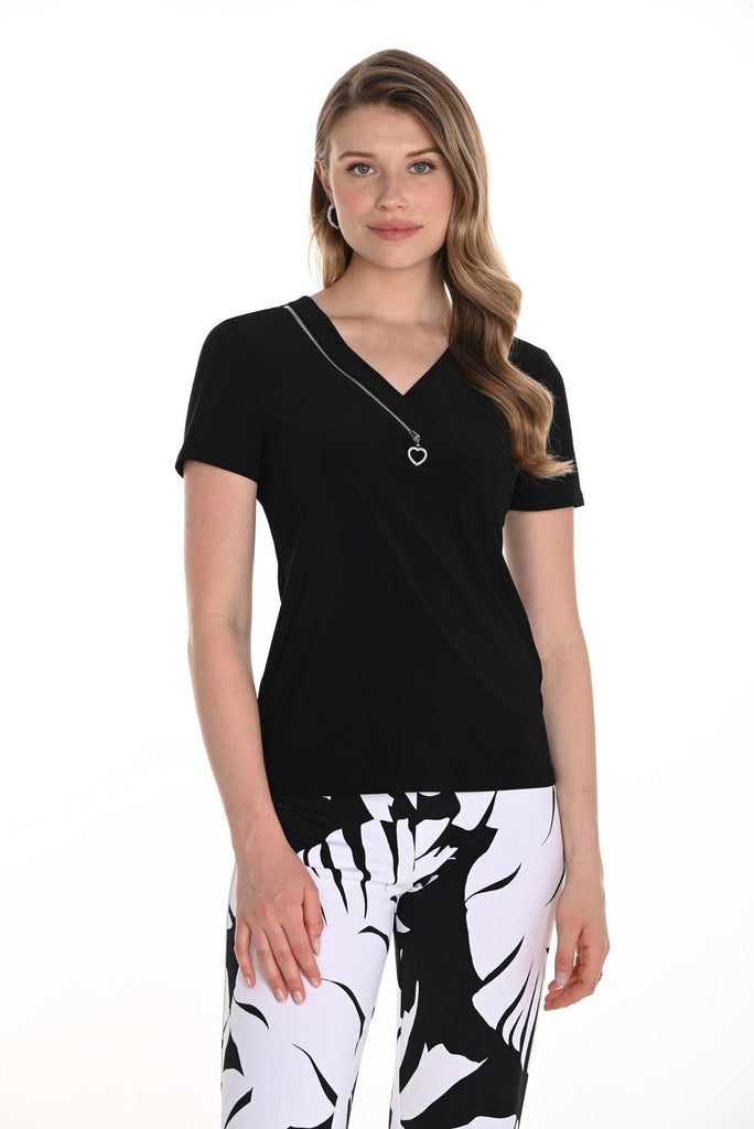 Black knit short sleeve top with front zipper detail