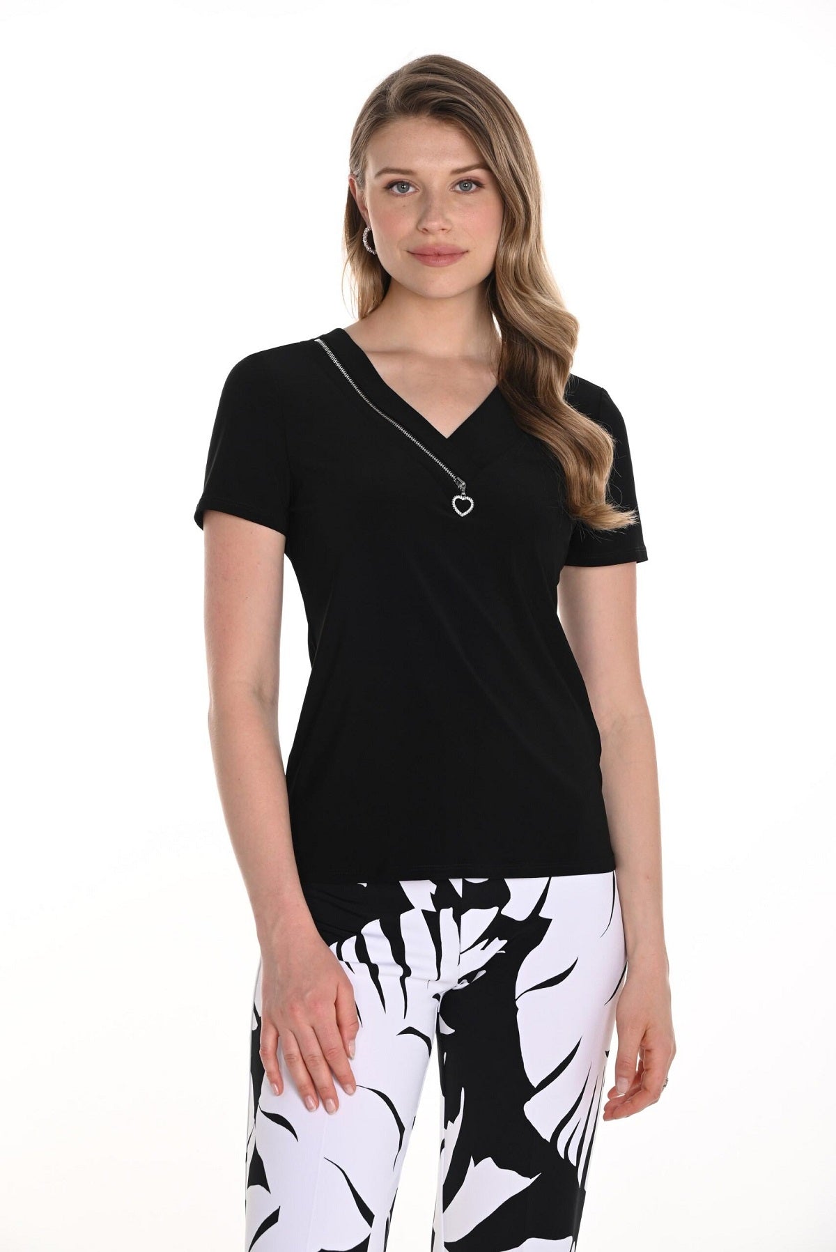 Black knit short sleeve top with front zipper detail