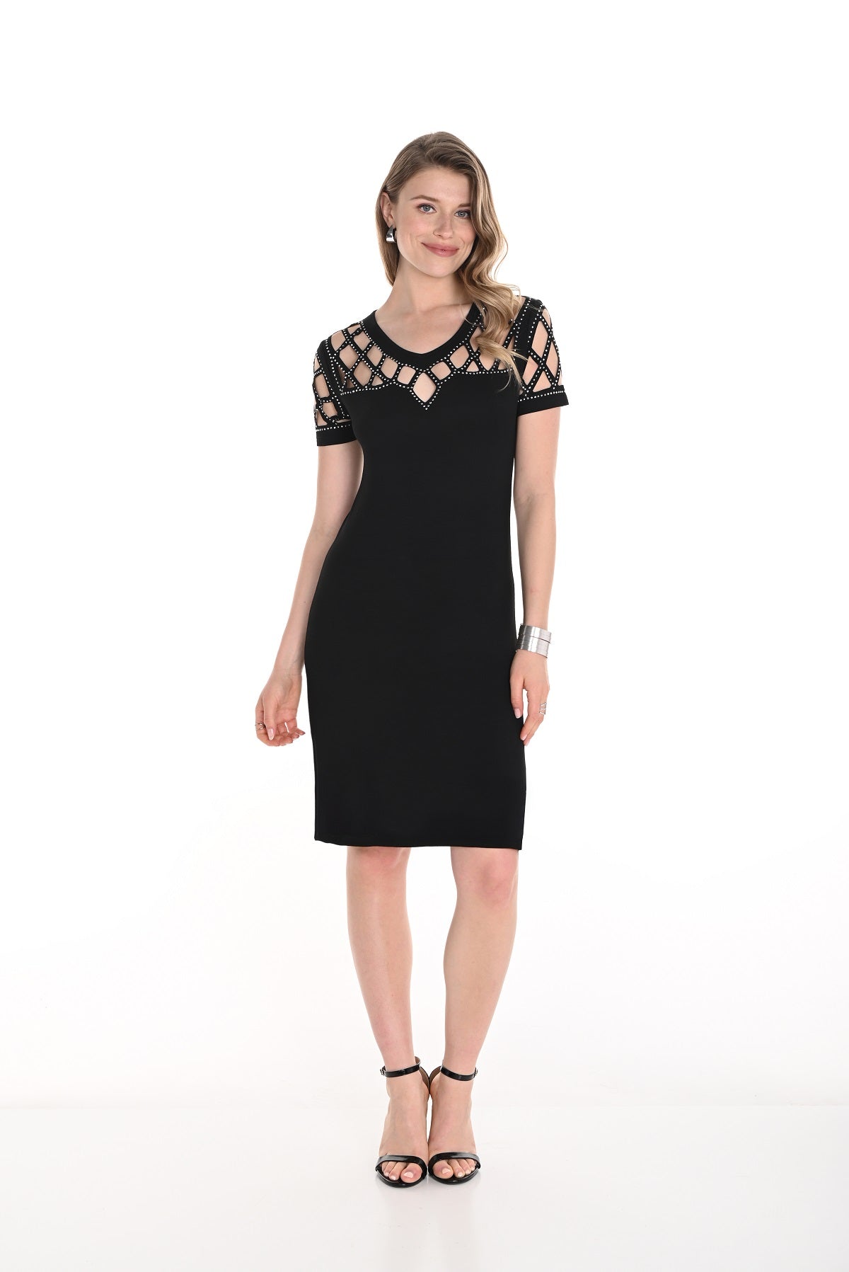 Frank Lyman black pull on dress with sequin cut out detail