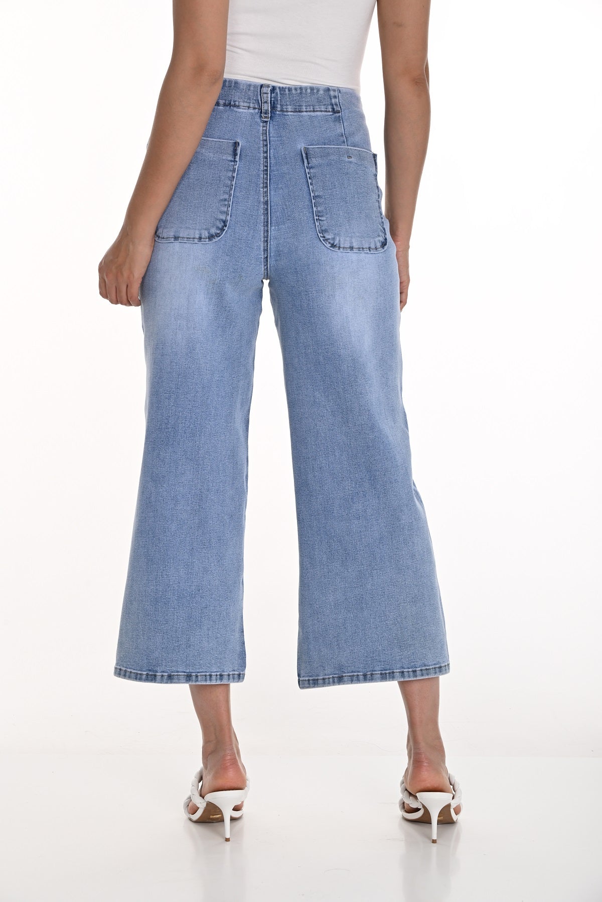 Frank Lyman Wide leg denim jeans with fly front and gold button detail