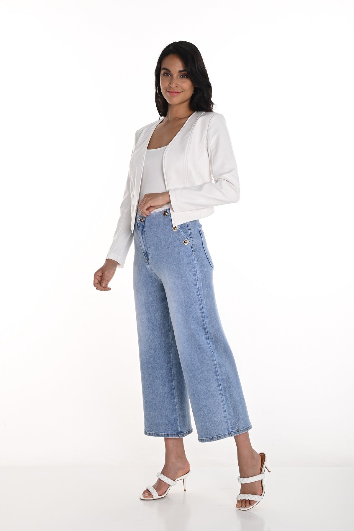 Frank Lyman Wide leg denim jeans with fly front and gold button detail