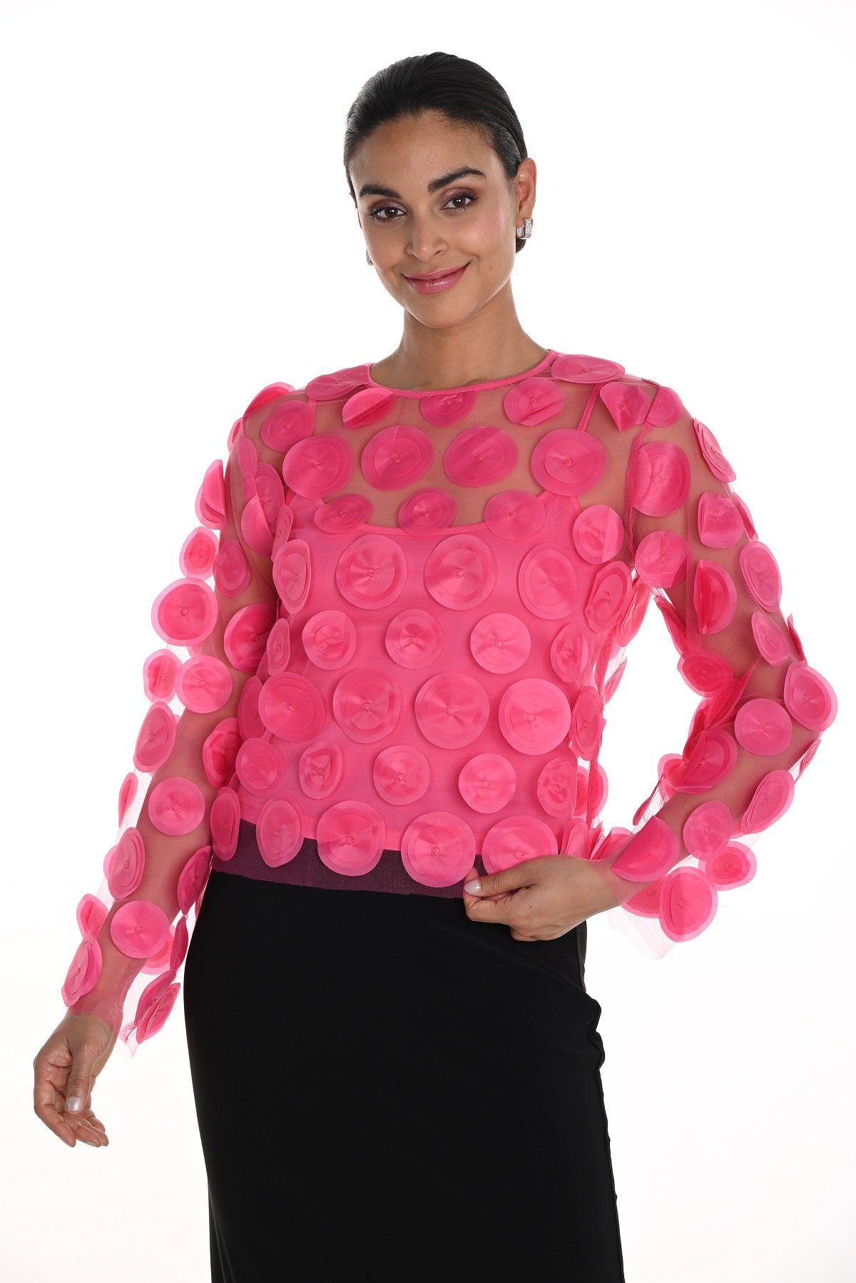 Frank Lyman fuchsia evening top with circle detail