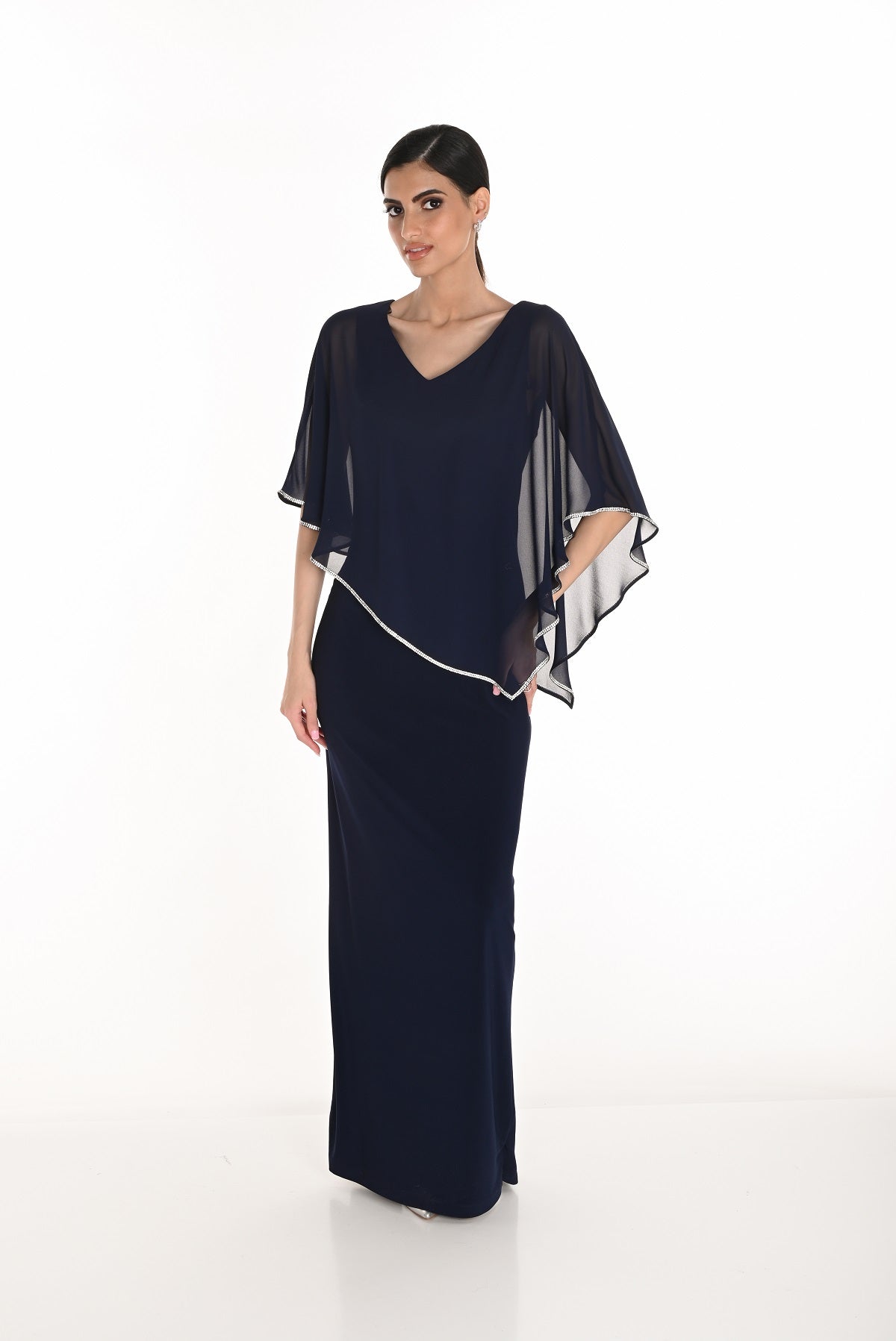 Midnight blue evening gown with embellished edge overlay detail
