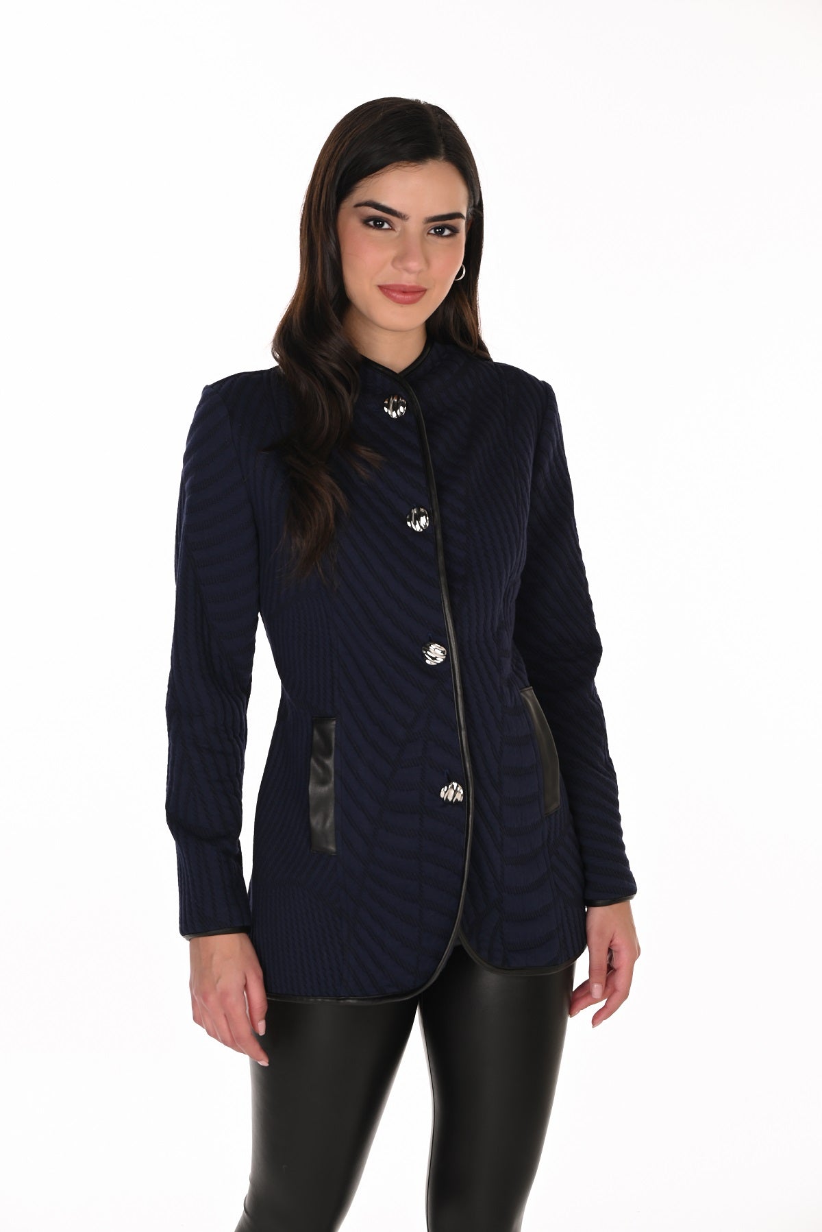 Textured Quilted Knit Navy Jacket With Vegan Trim. Frank Lyman 263207