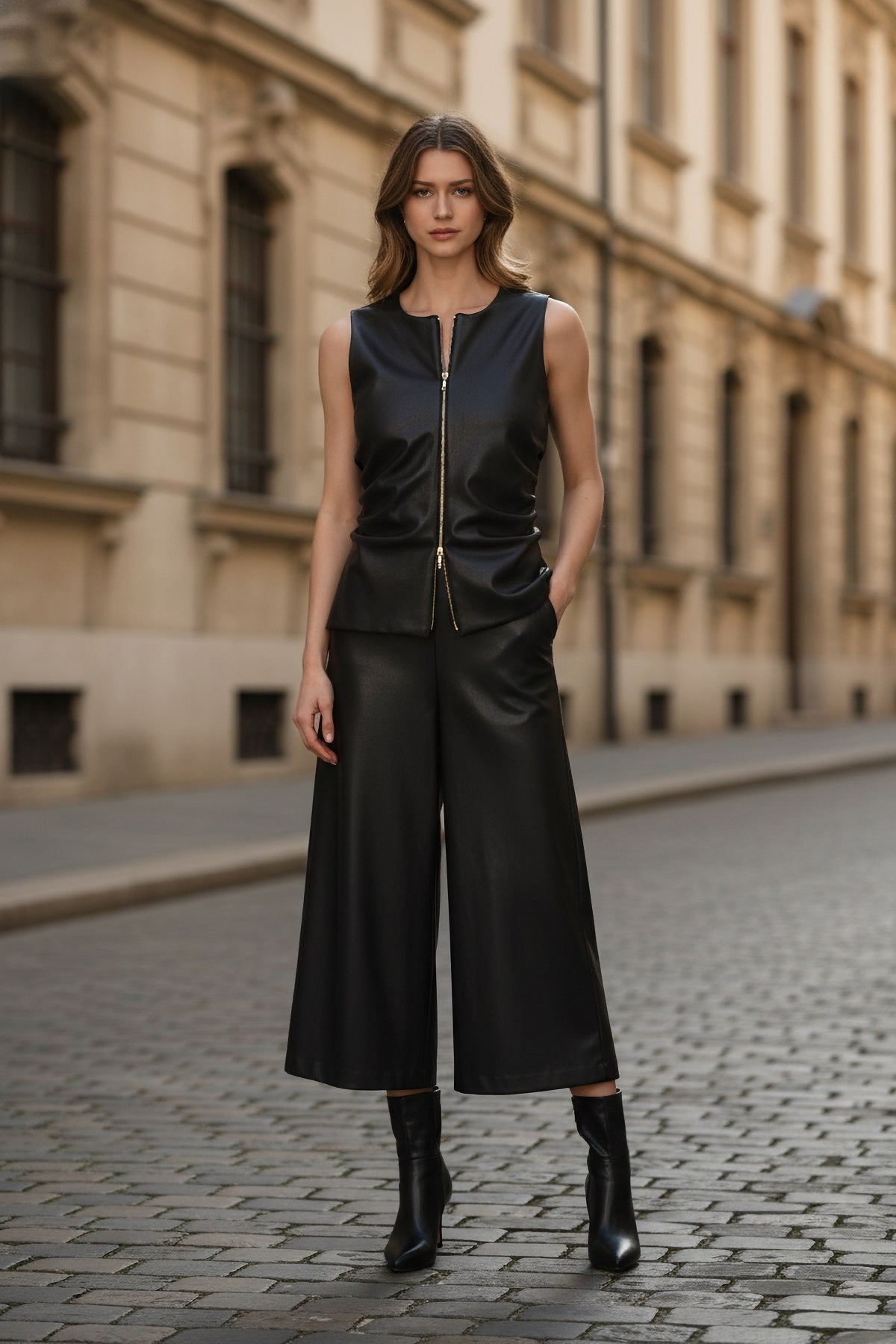 High Fashion Vegan Brown Wide Leg Crop Pant. Frank Lyman 263269