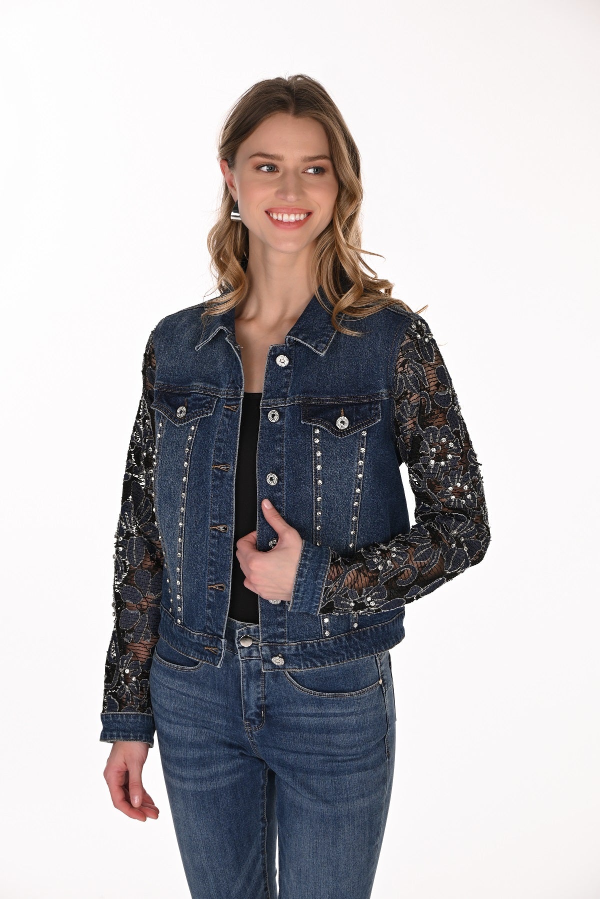 Denim Jean Jacket with Crystal Stone Detail And Lace Sleeves