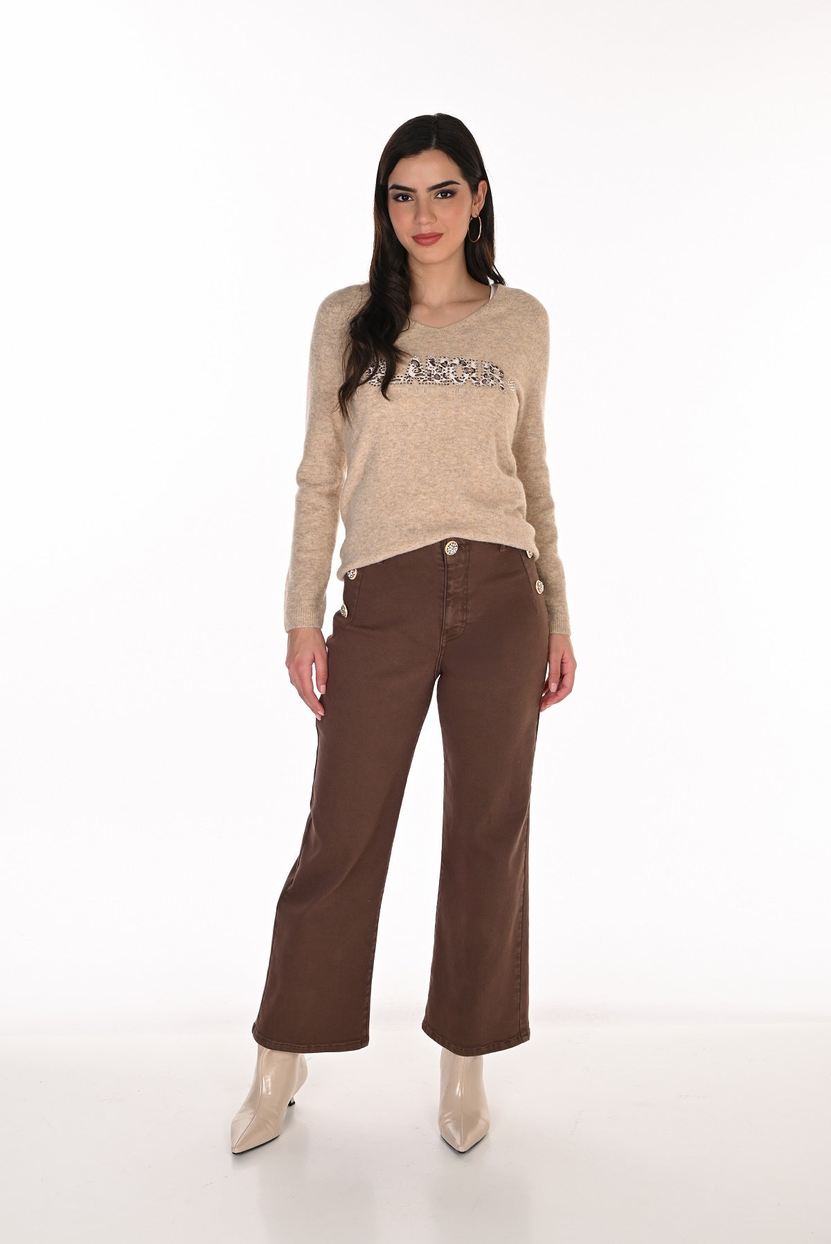 Wide Leg Cotton Jeans With Button Detail. Frank Lyman 263789