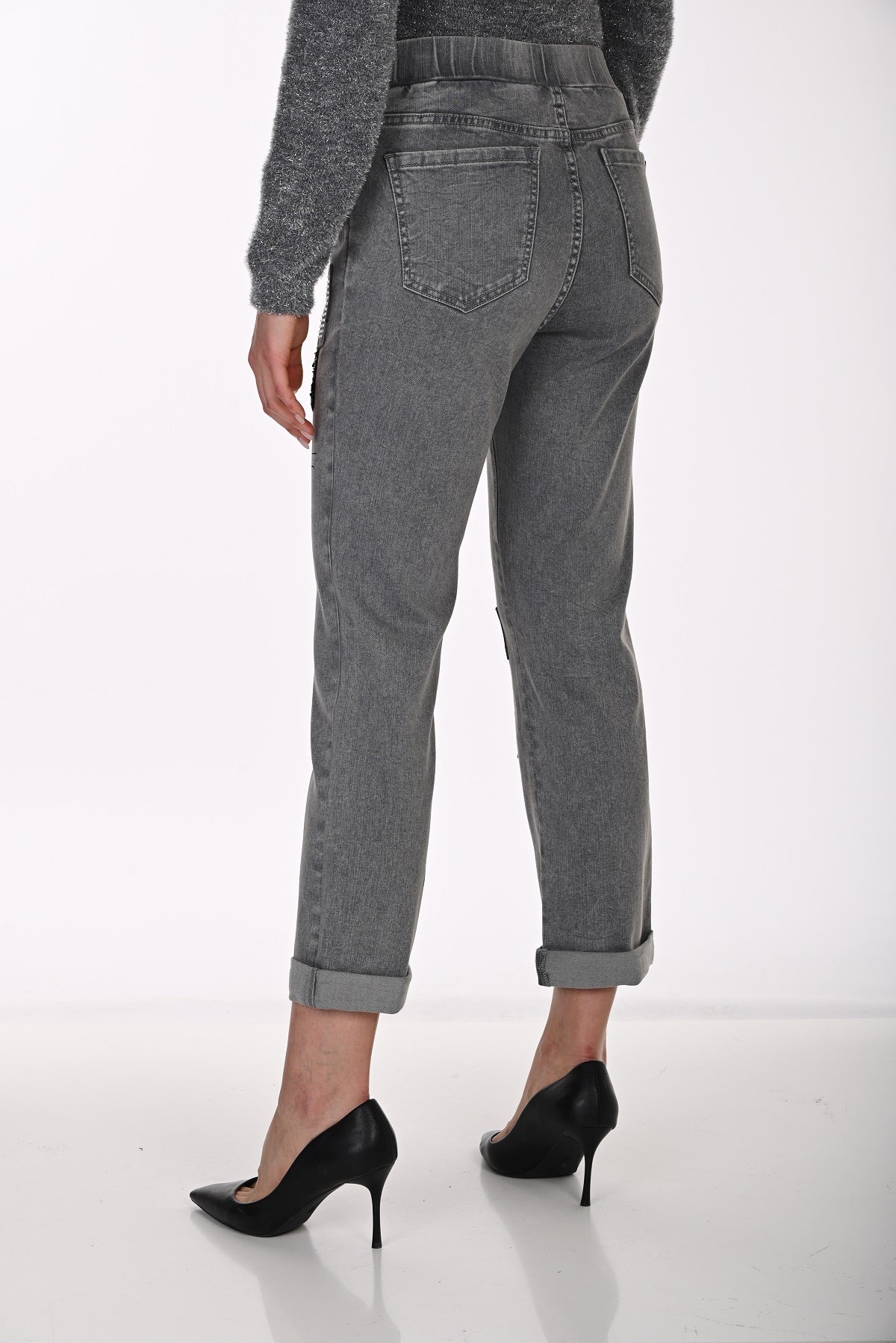 Stylish Pull On Grey Jeans With Patch Sequin Detail. Frank Lyman 264819