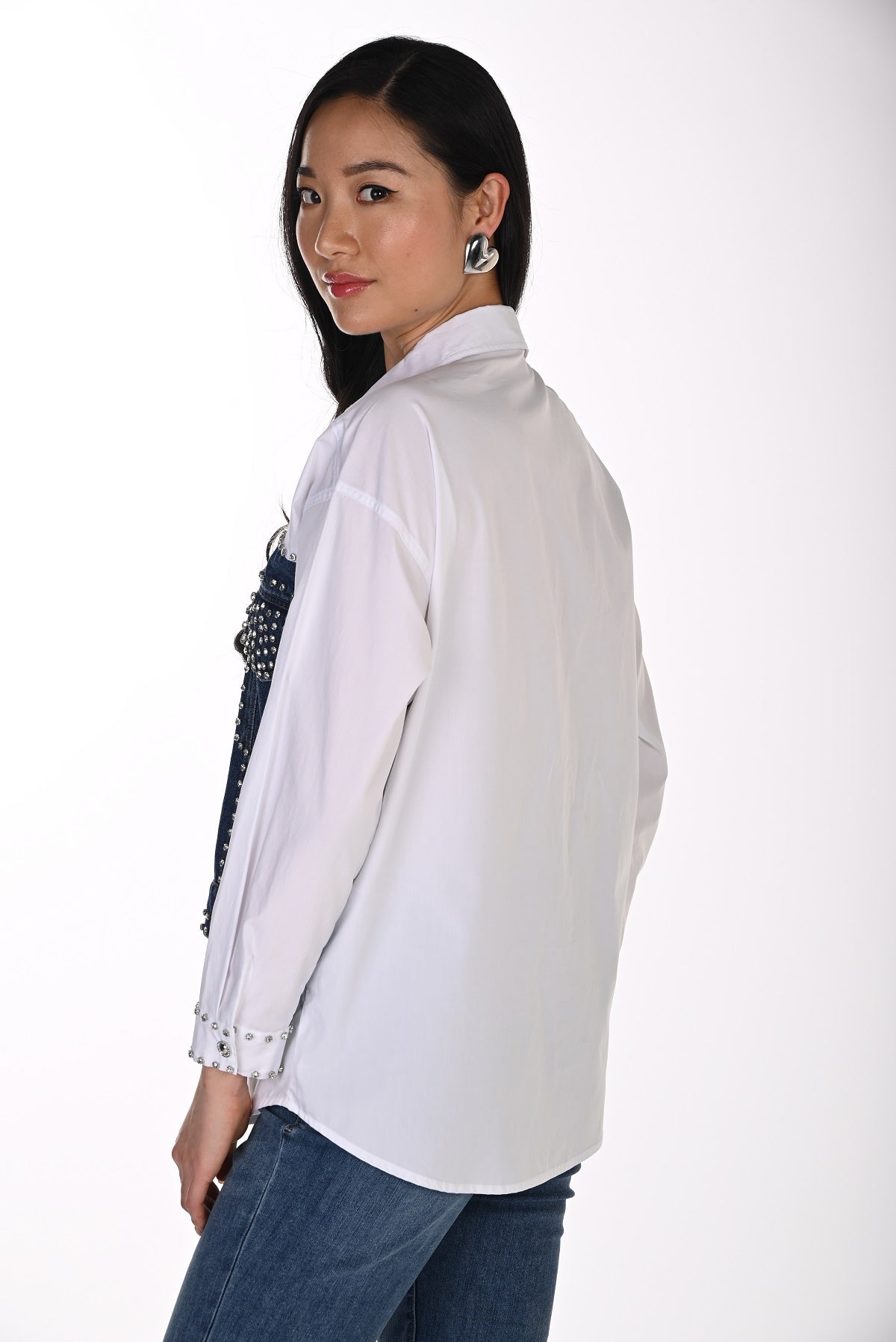 Striking Crystal Stone Denim Inspired Tunic Blouse. Frank Lyman 264850