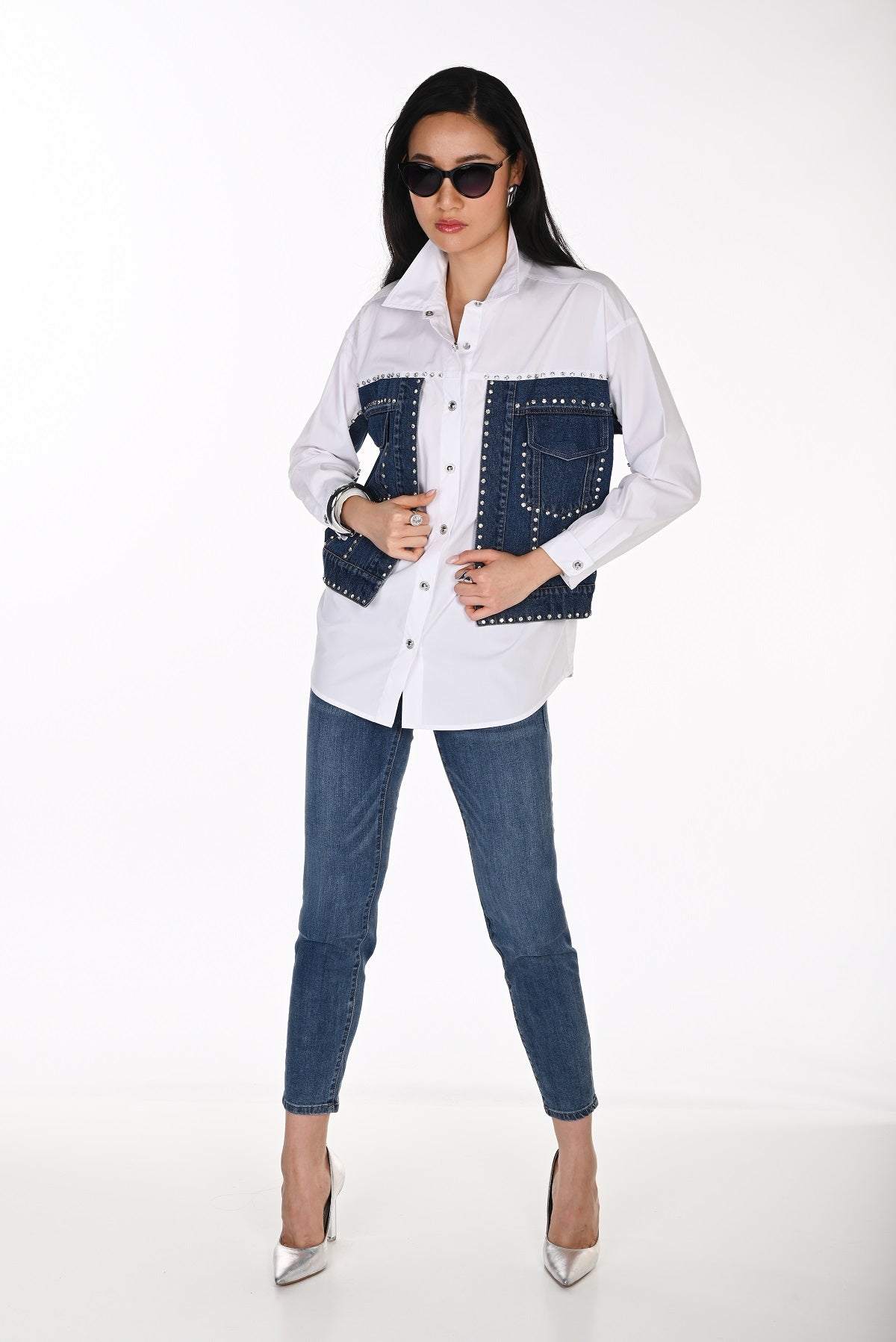Striking Crystal Stone Denim Inspired Tunic Blouse. Frank Lyman 264850