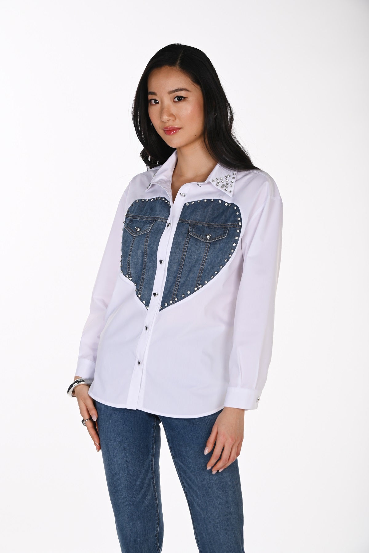 Premium Denim Inspired Blouse With Crystal Stone Detail. Frank Lyman 264854