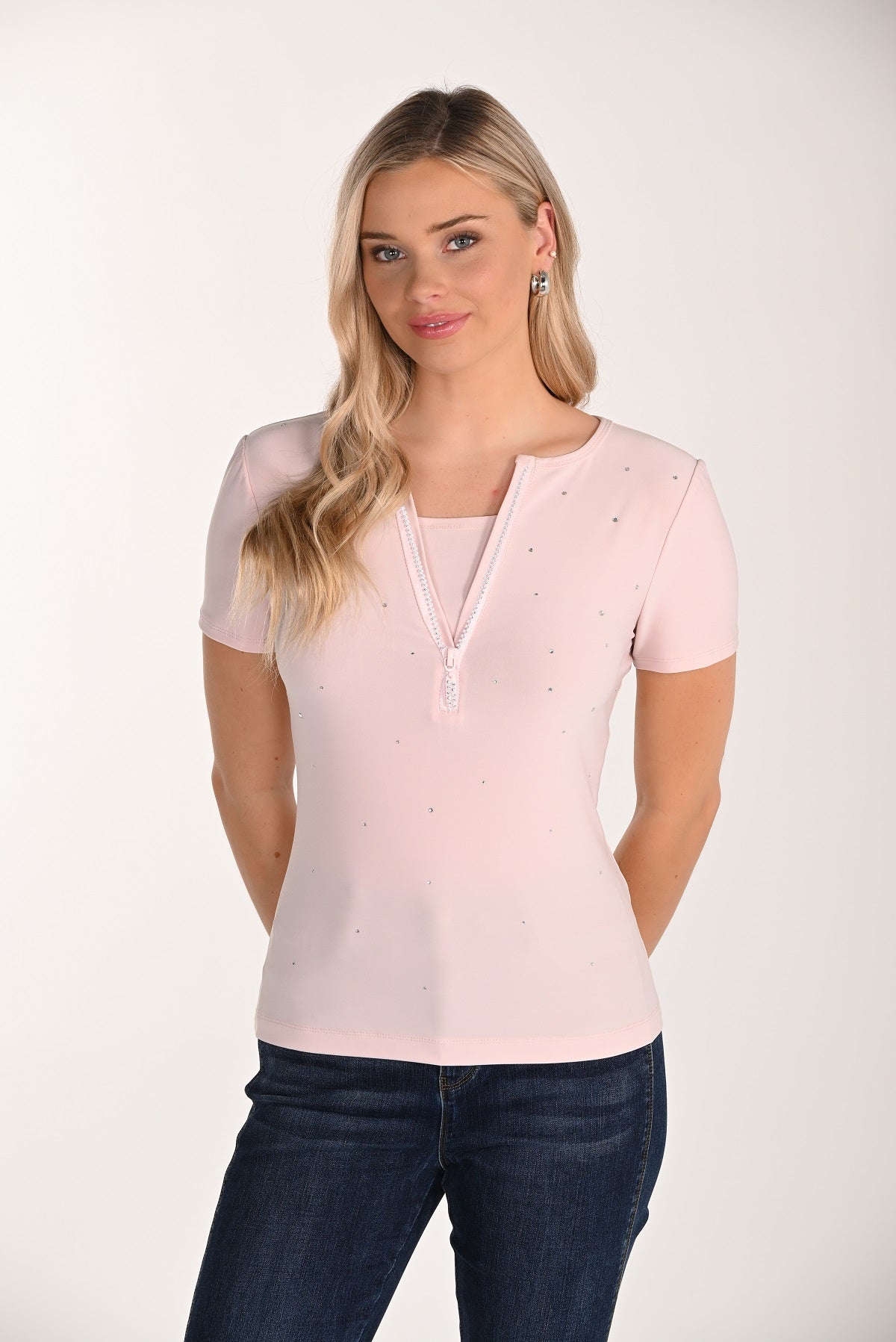 Pink Pullover Top With Sequin Front And Embellished Zipper