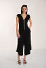 Black cap sleeve knit jumpsuit with wide leg and embellished front zipper