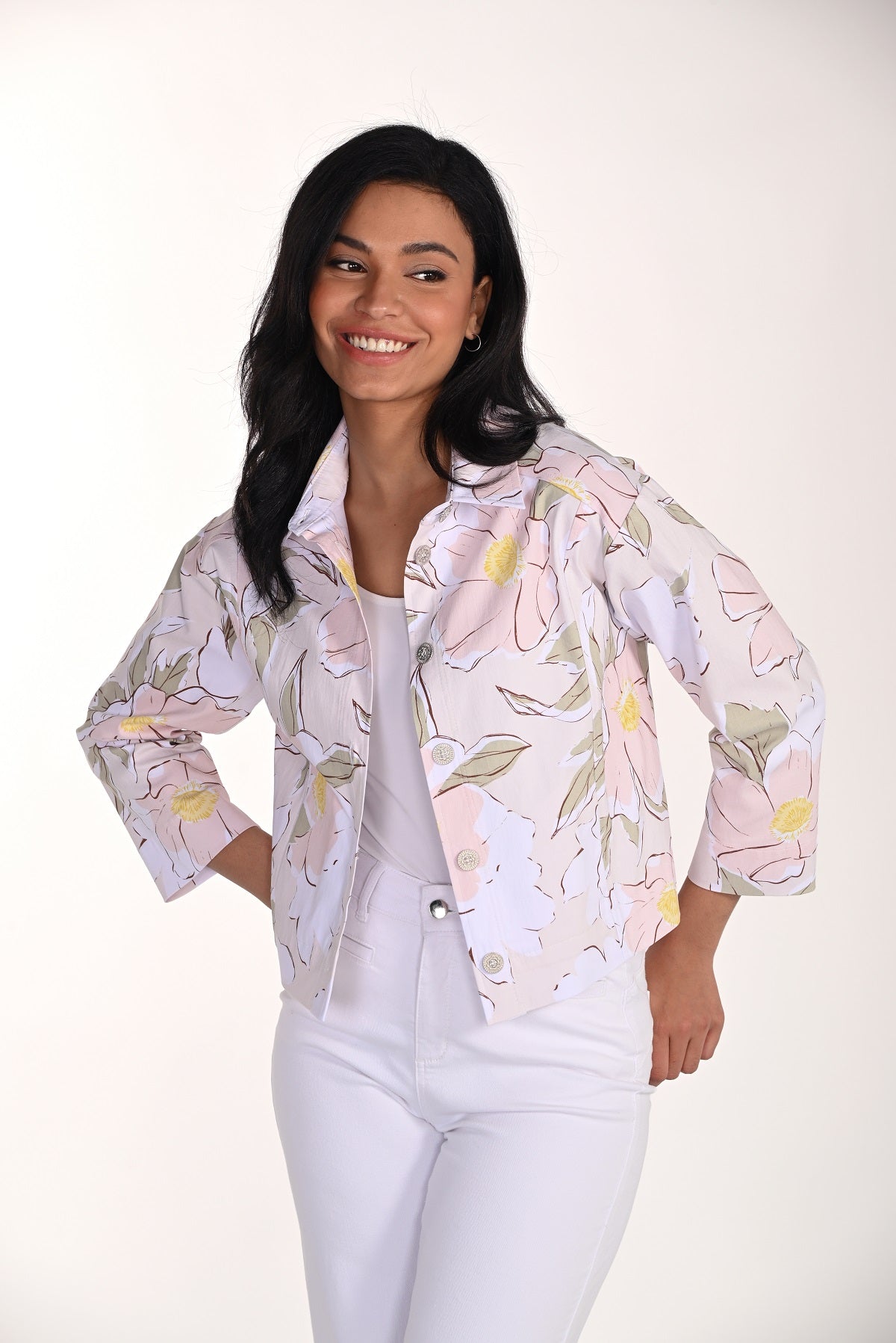 Blush floral casual unlined jacket with hidden pockets and button front