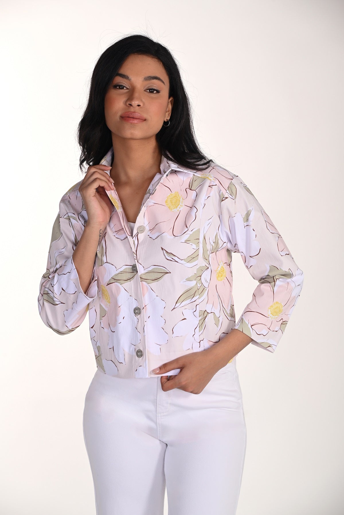 Blush floral casual unlined jacket with hidden pockets and button front