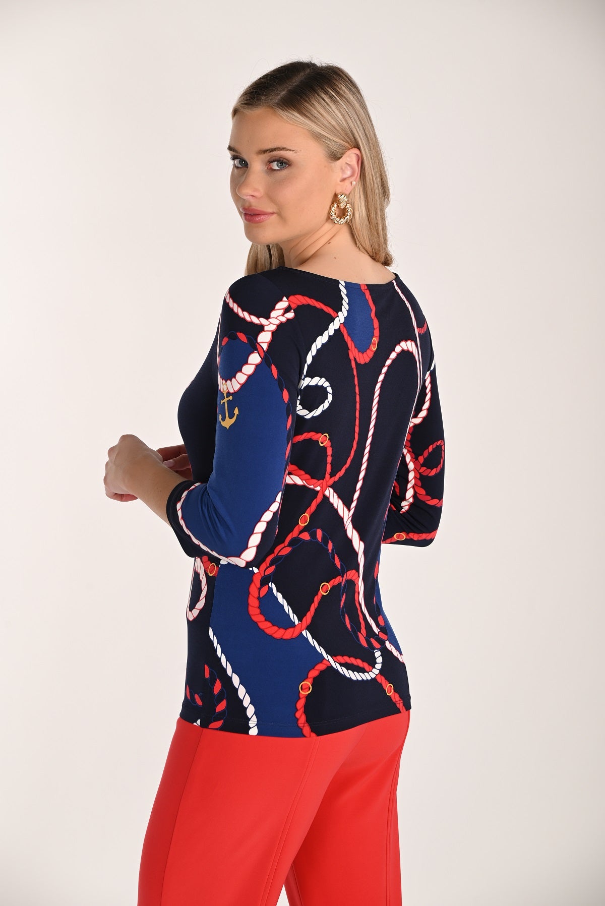 Navy red nautical knit top with boat neck