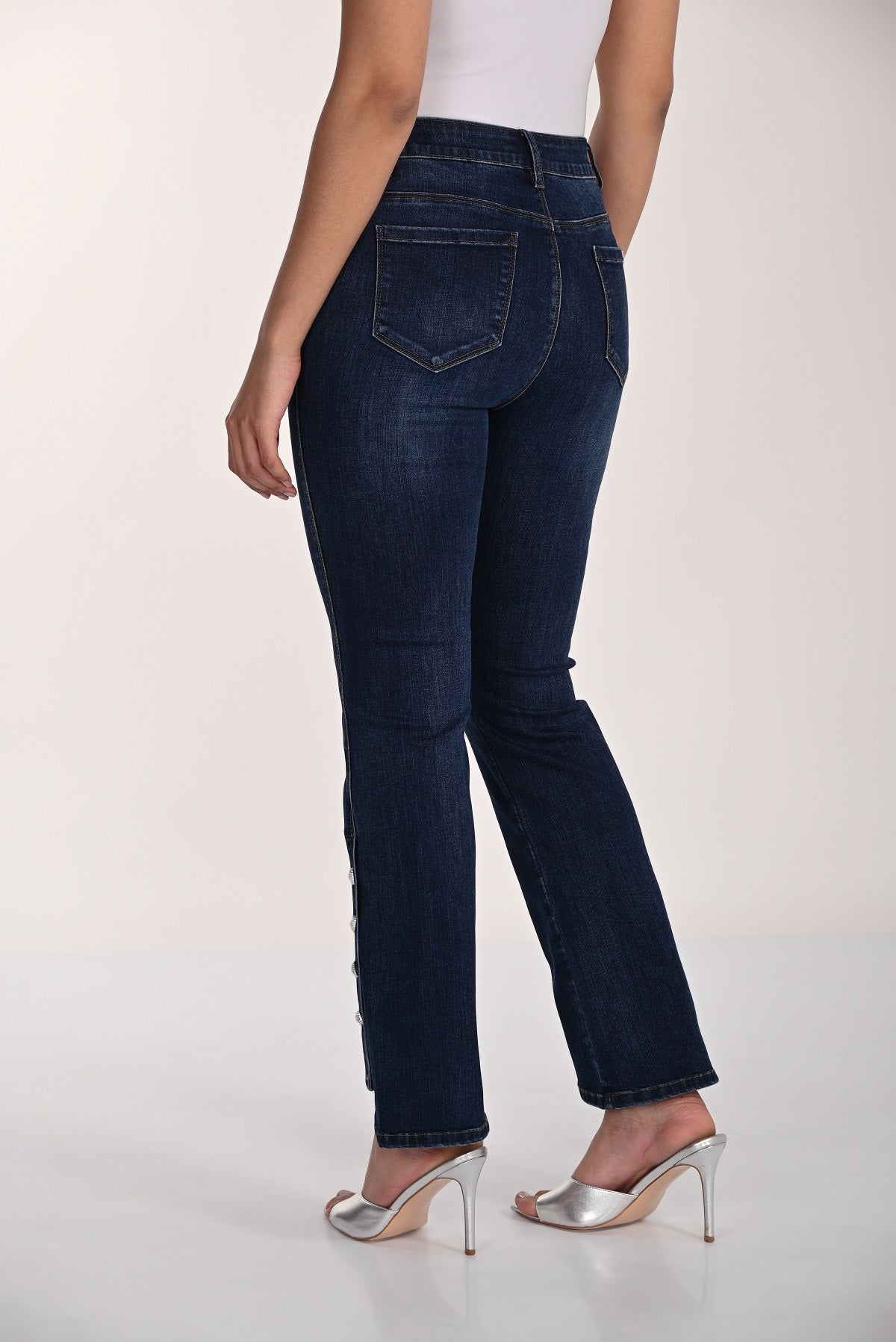 Soft Dark Denim Straight Leg 5 pocket jeans with sequin button detail