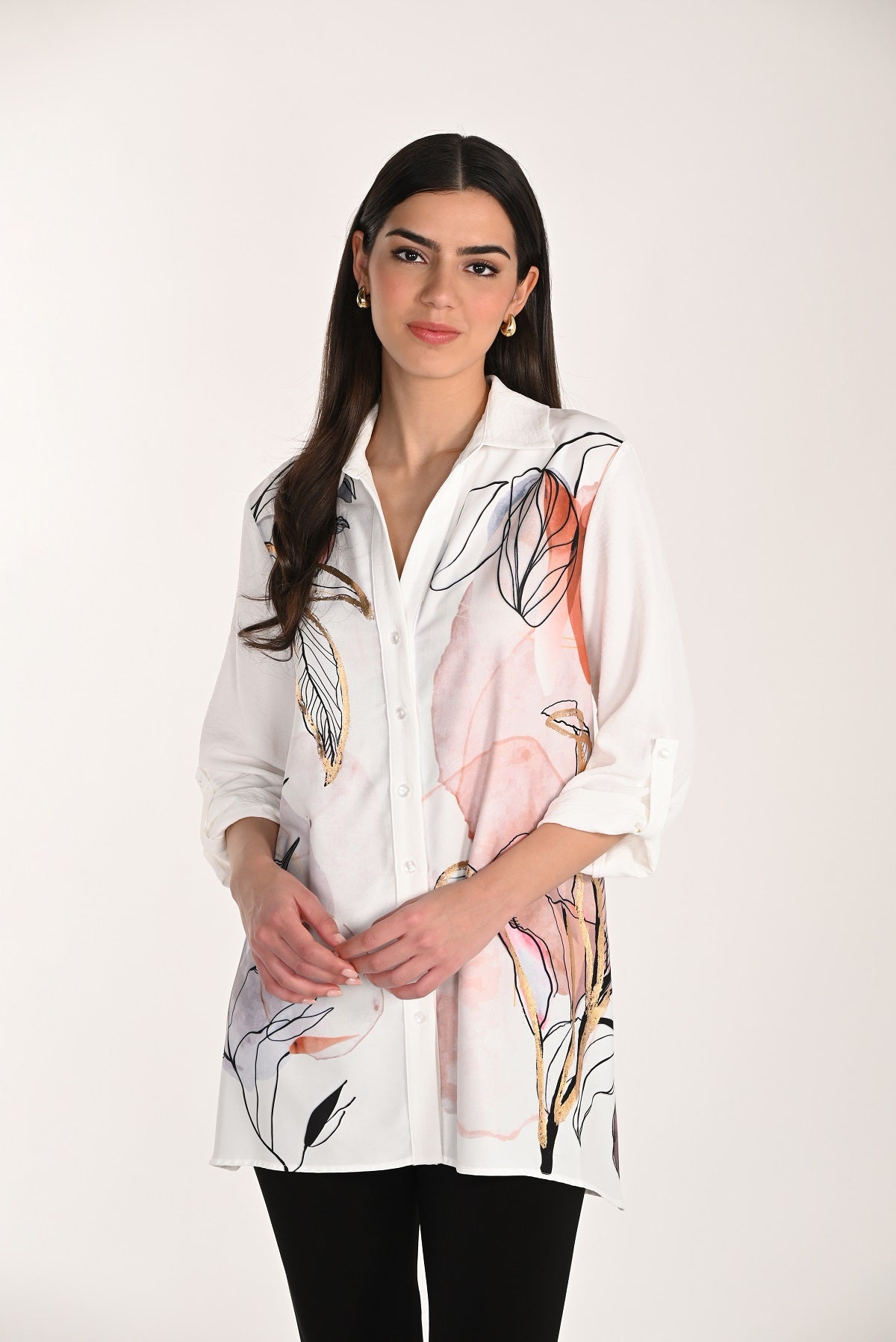 Winter white tunic length blouse with front print and accent detail