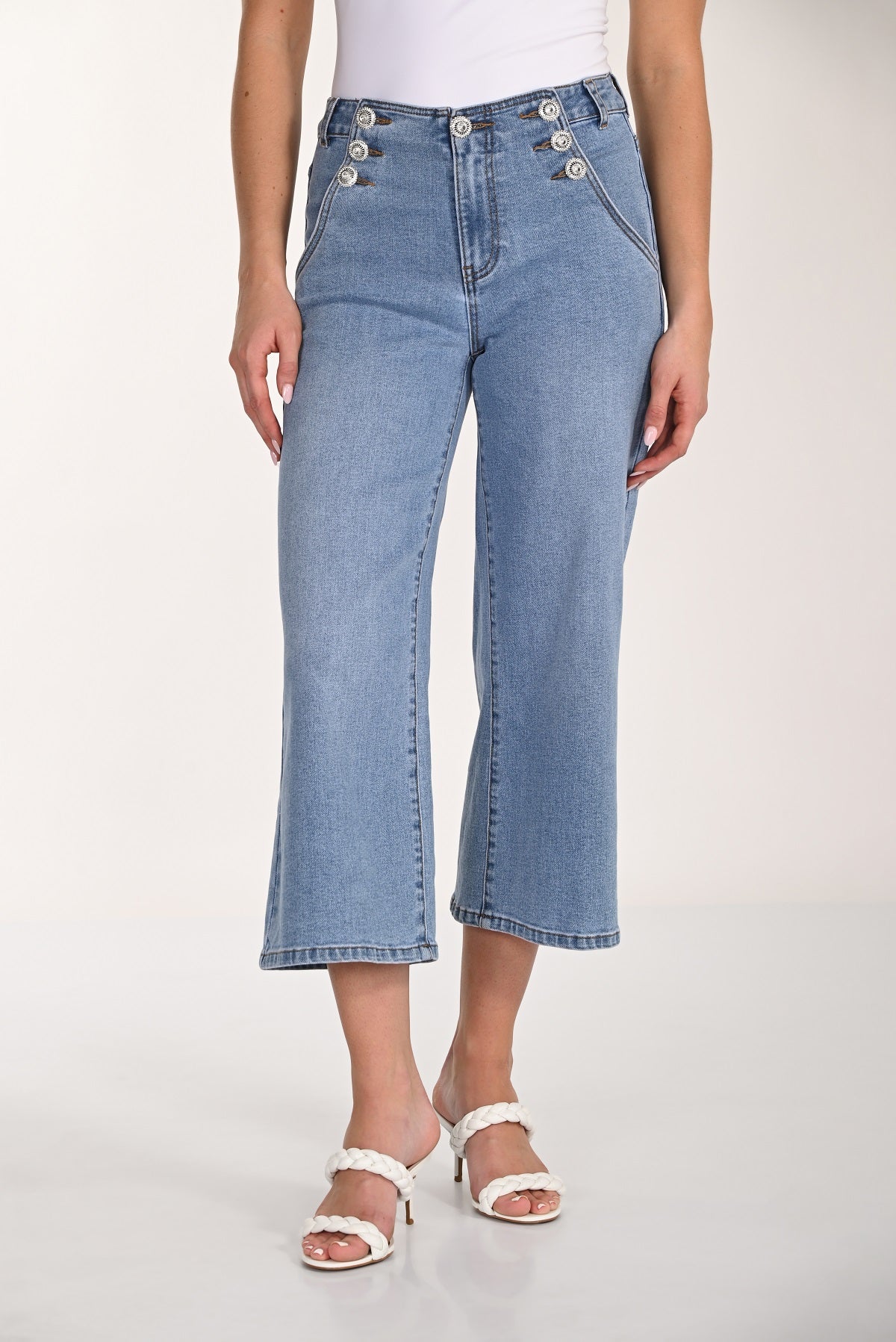 Light denim was wide leg crop jeans with sequin button detail