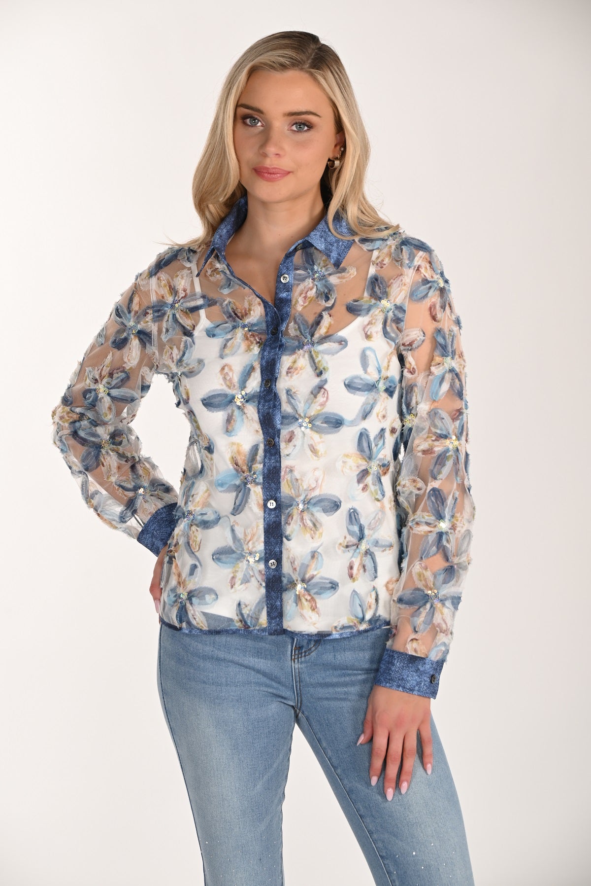 2 Piece denim floral collar blouse