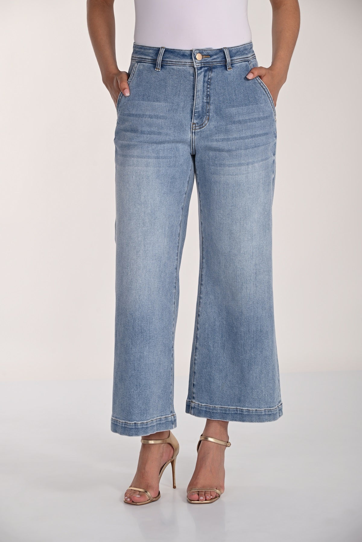 Wide leg high rise cropped jeans in light denim blue