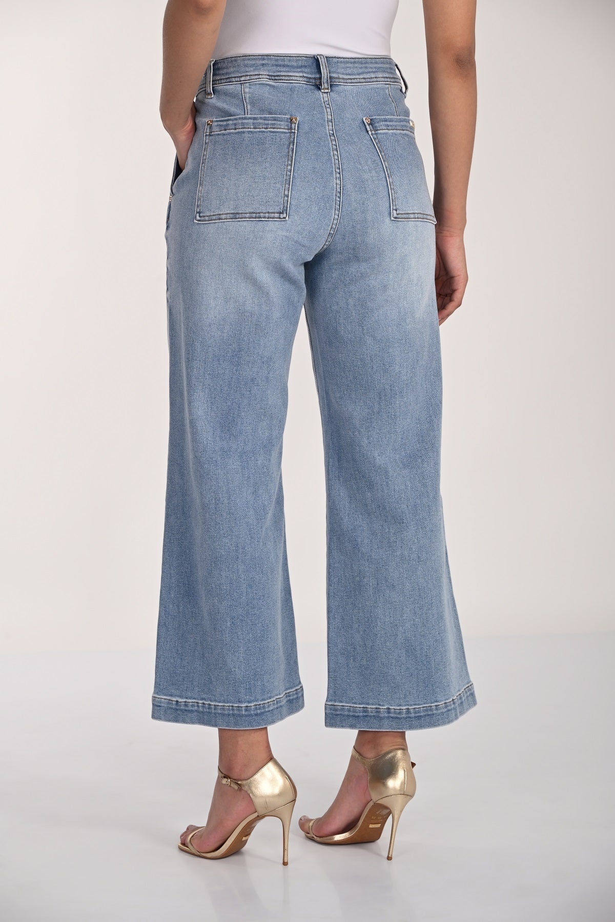 Wide leg high rise cropped jeans in light denim blue