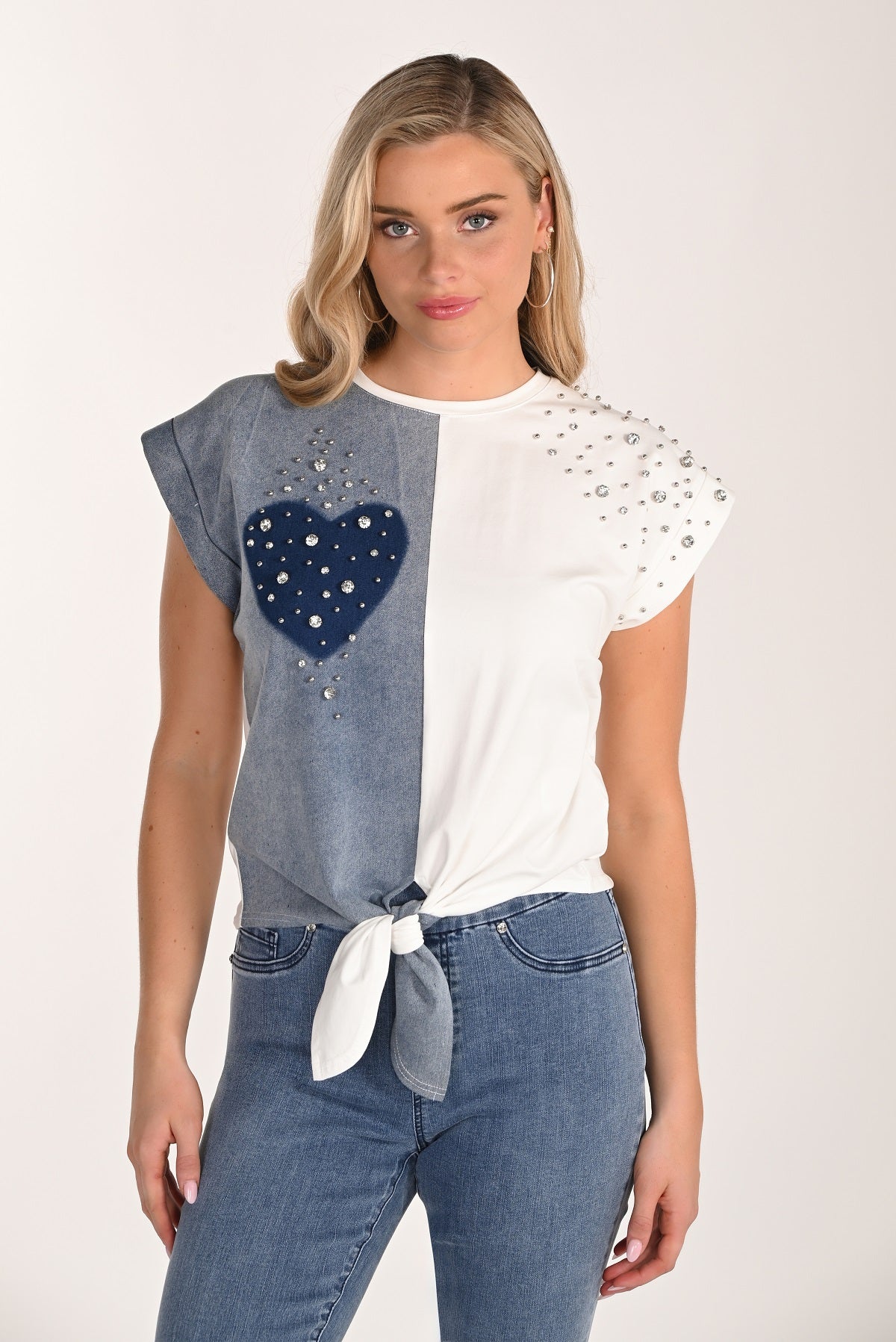 Denim white t-shirt with front stud and crystal stone detail