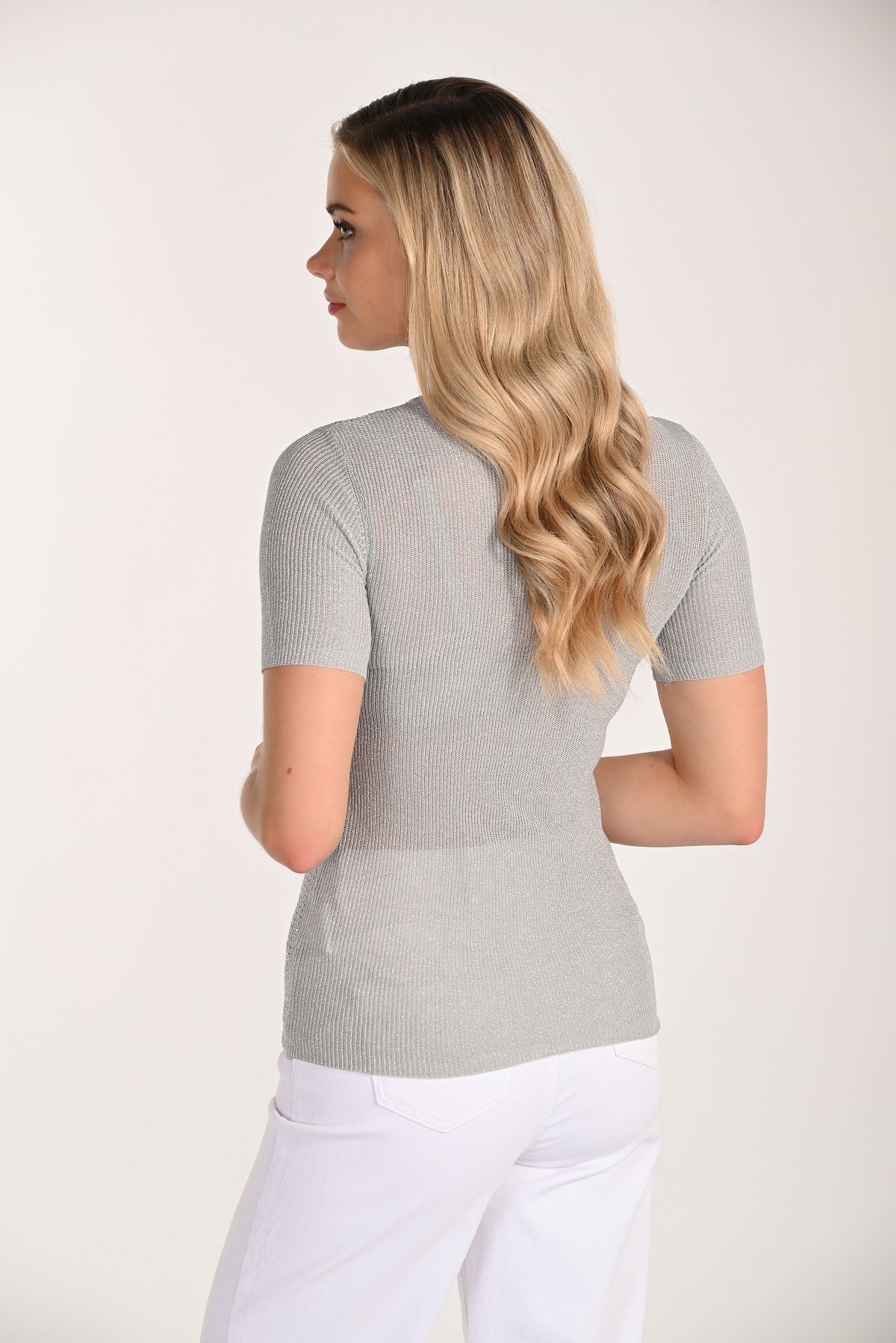 Lightweight grey metallic knit sweater with elbow length sleeves