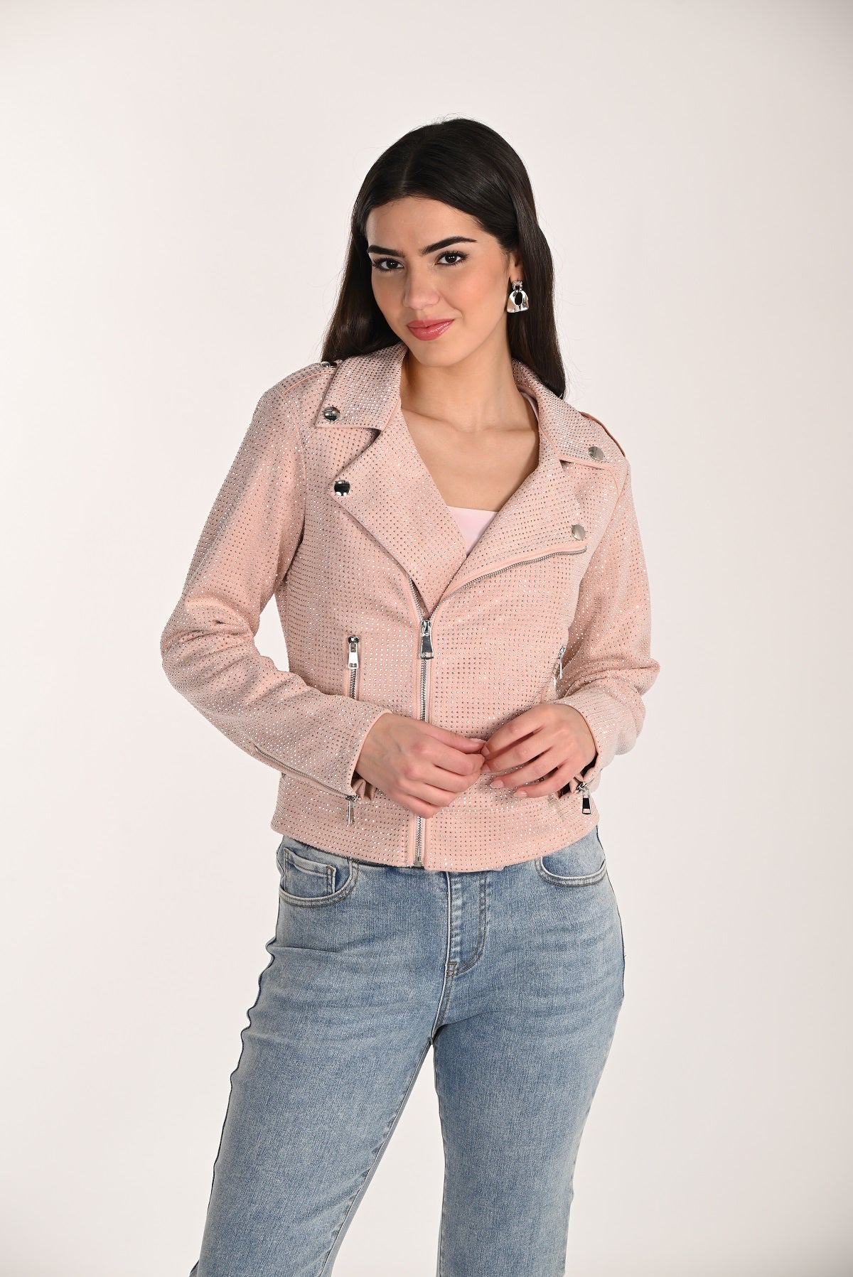 Striking all over sequin moto jacket in blush