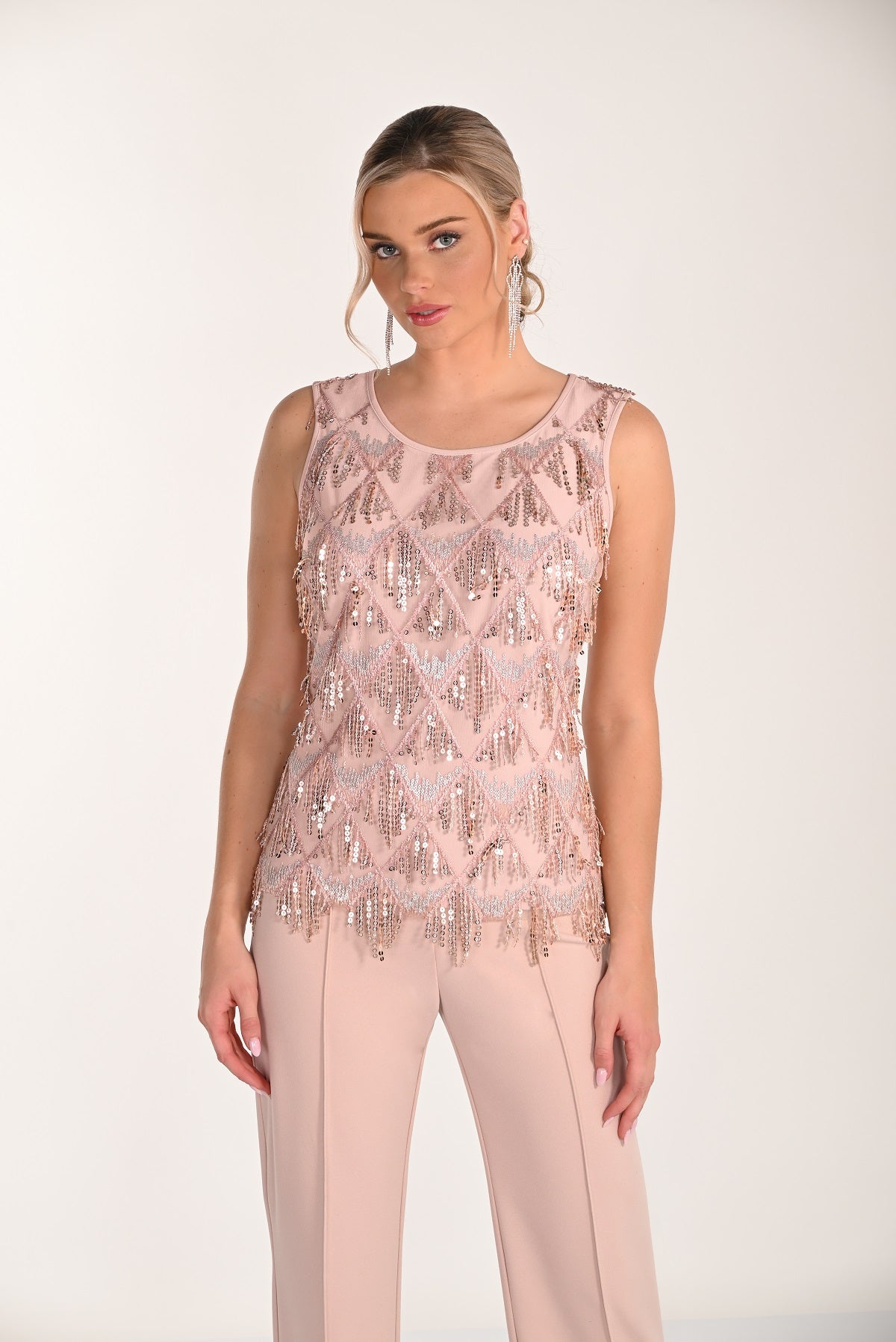 Pink Fringed Sequin Knit Evening Camisole Top