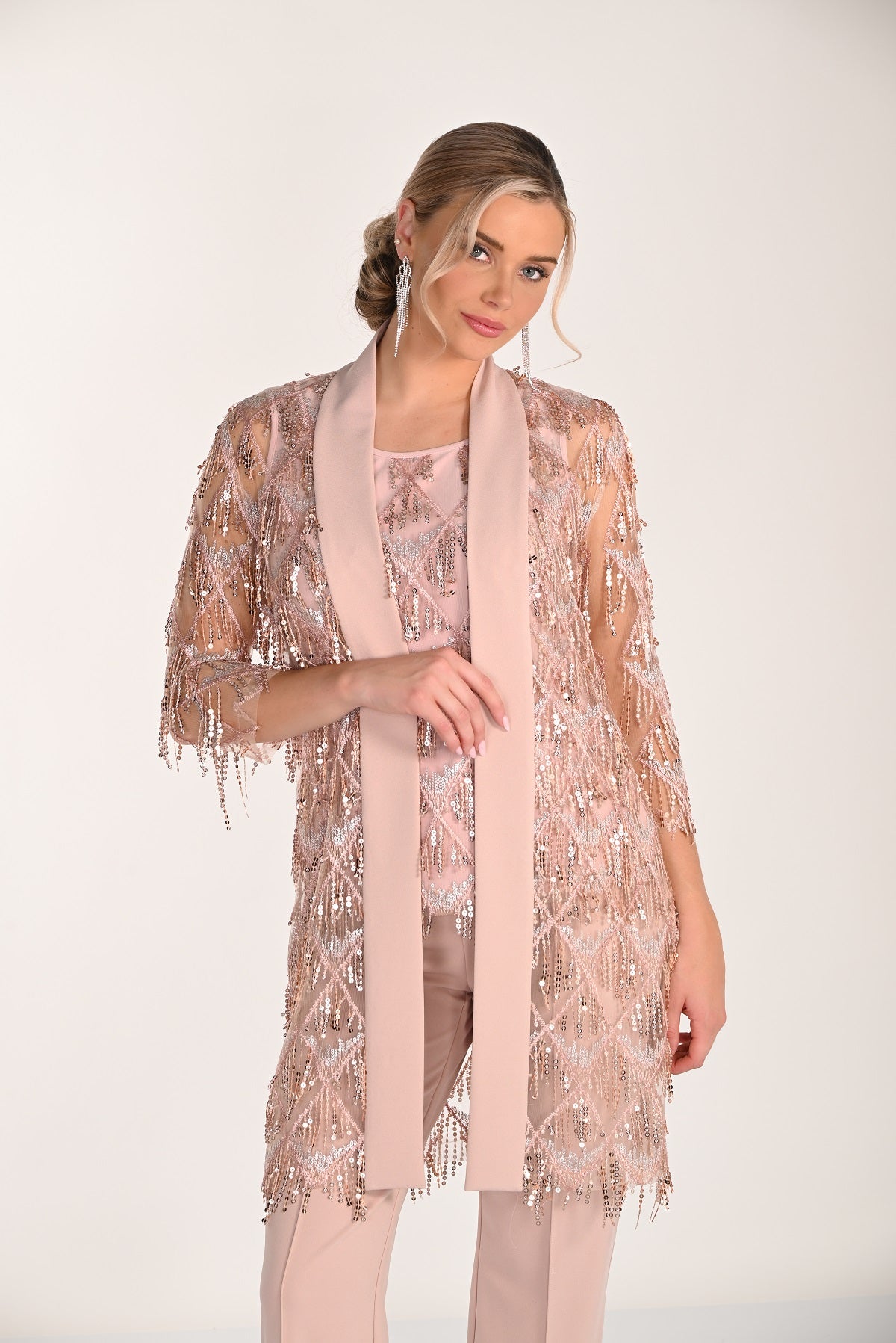Elegant Fringed Sequin Knit Evening Long Evening Jacket In Blush