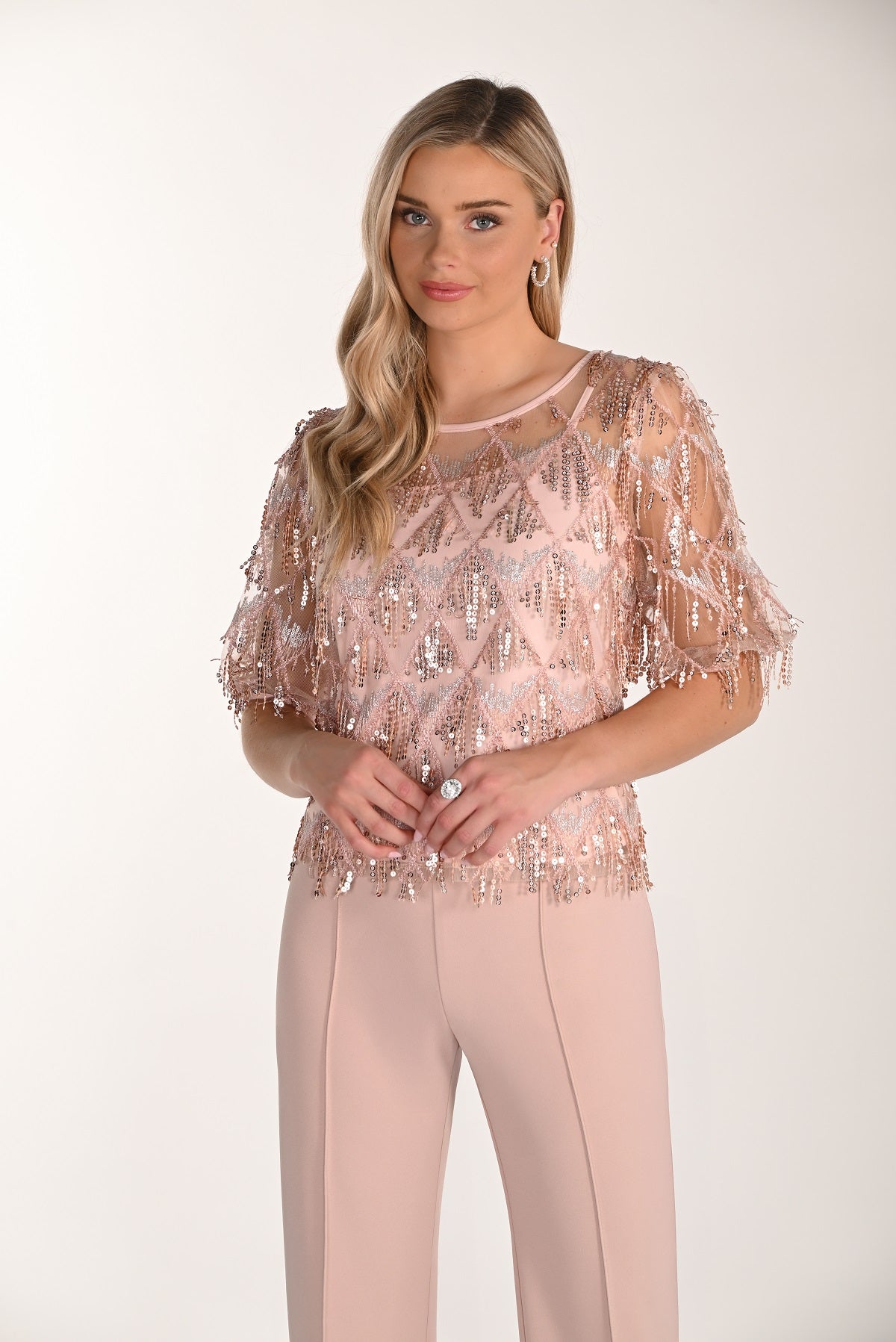 Elegant Blush Sequin Fringed 2 Piece Evening Top