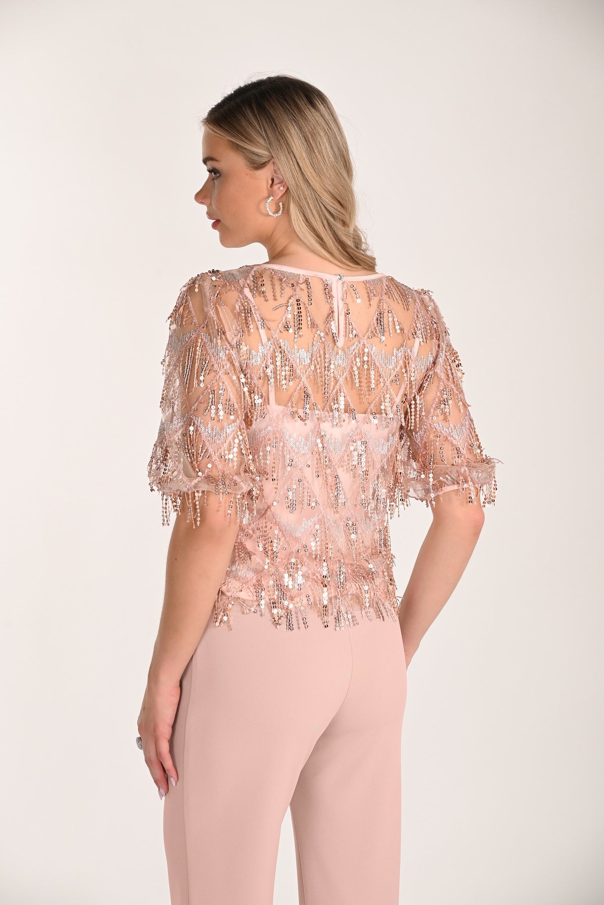 Elegant Blush Sequin Fringed 2 Piece Evening Top