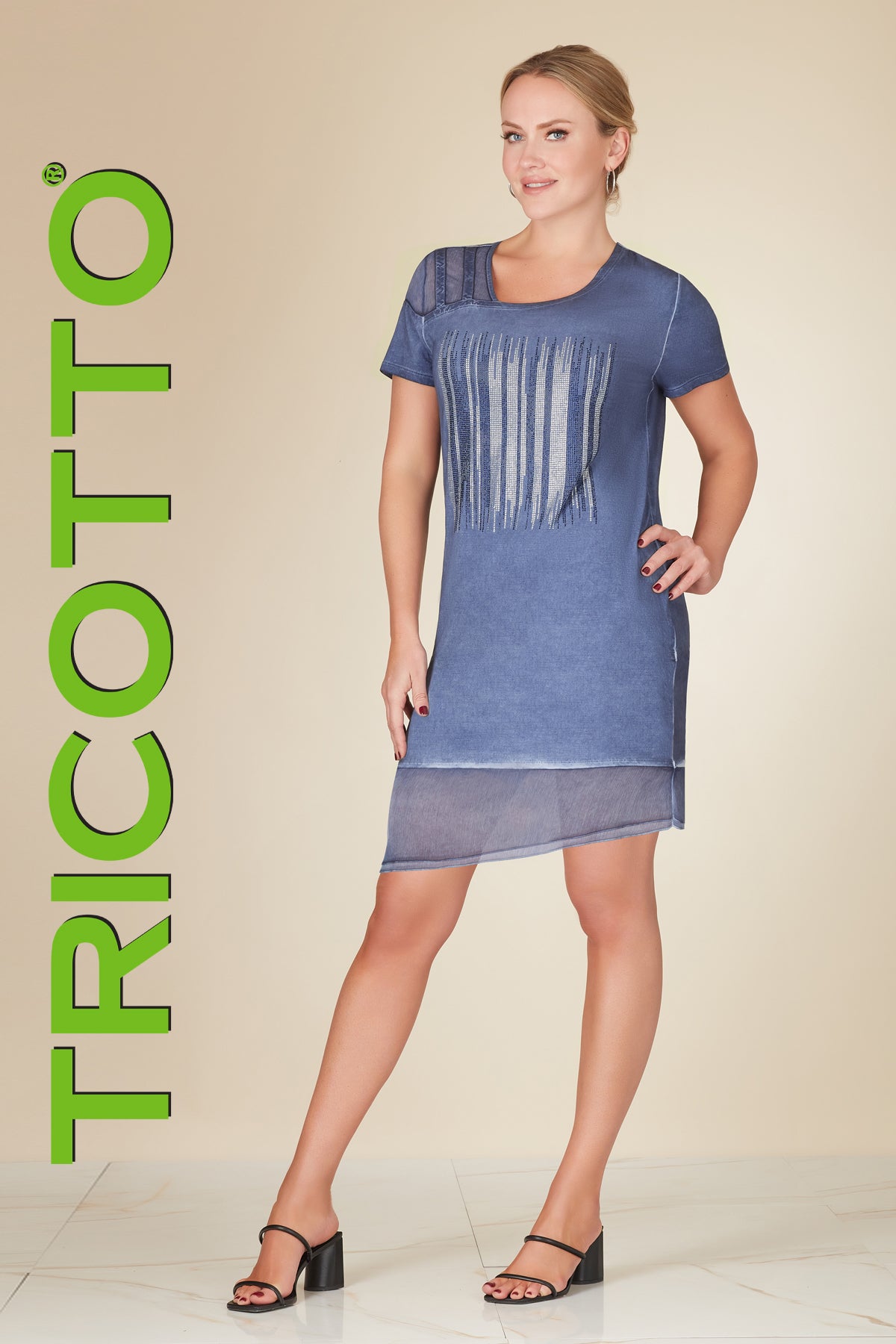 Tricotto Blue Dress With Front Sequin  and lace hem detail