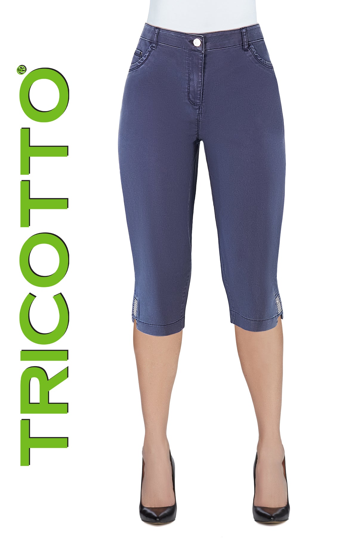 Tricotto Blue Capris with zipper front and sequin hem detail
