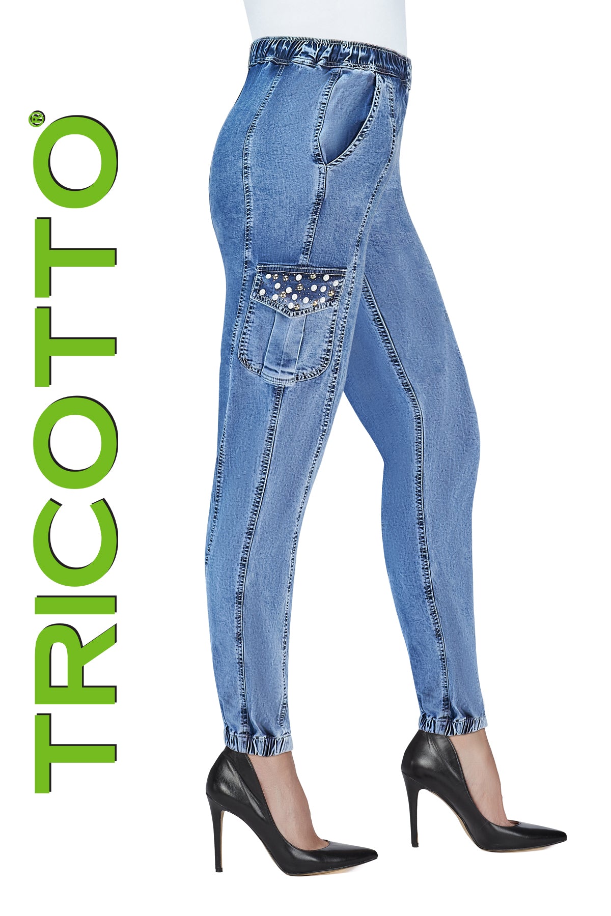Tricotto Pull on jeans with sequin pearl detail in soft lyocell fabric.