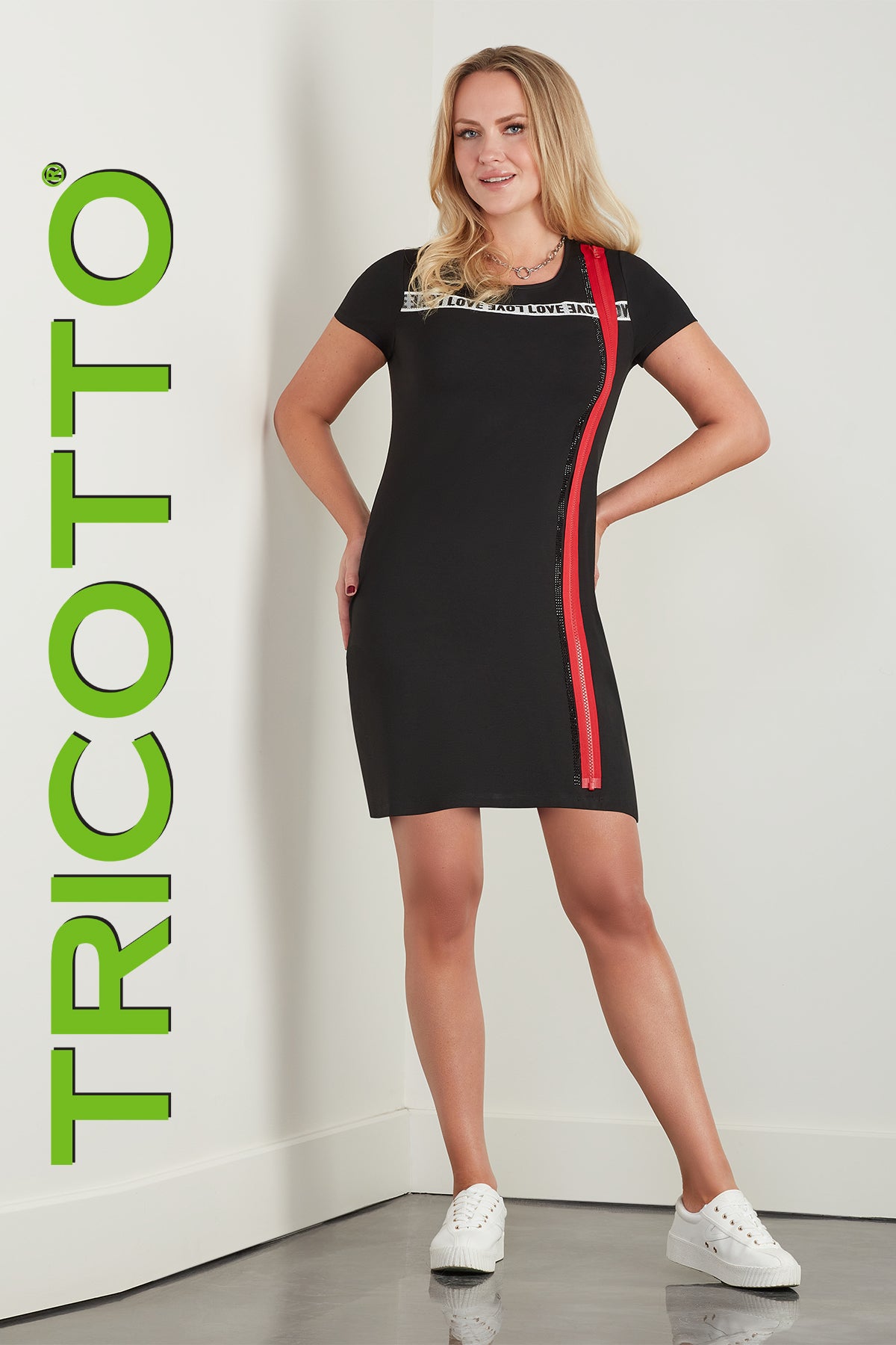 Tricotto Red Zipper Love Tunic Dress-Black Tunic Dress With Size Red Zipper-Tricotto Love Tunic Dress