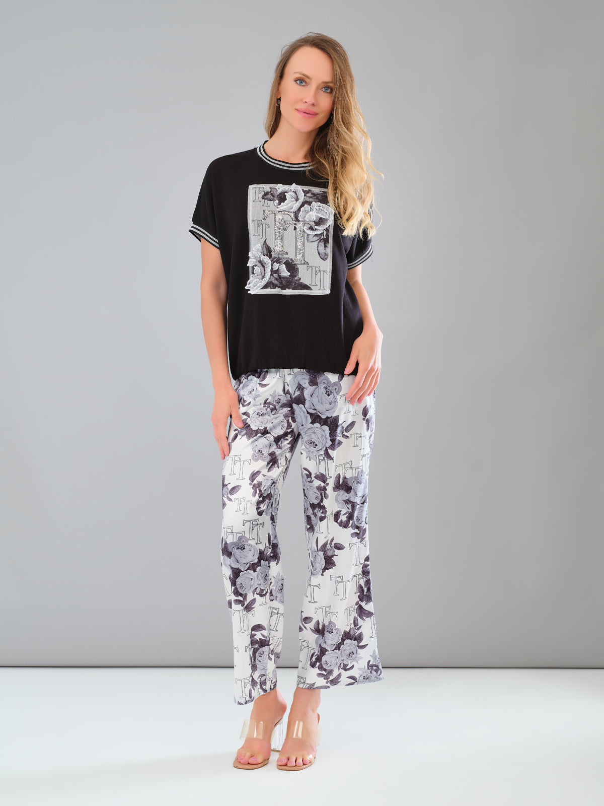 Black grey pull on palazzo pant