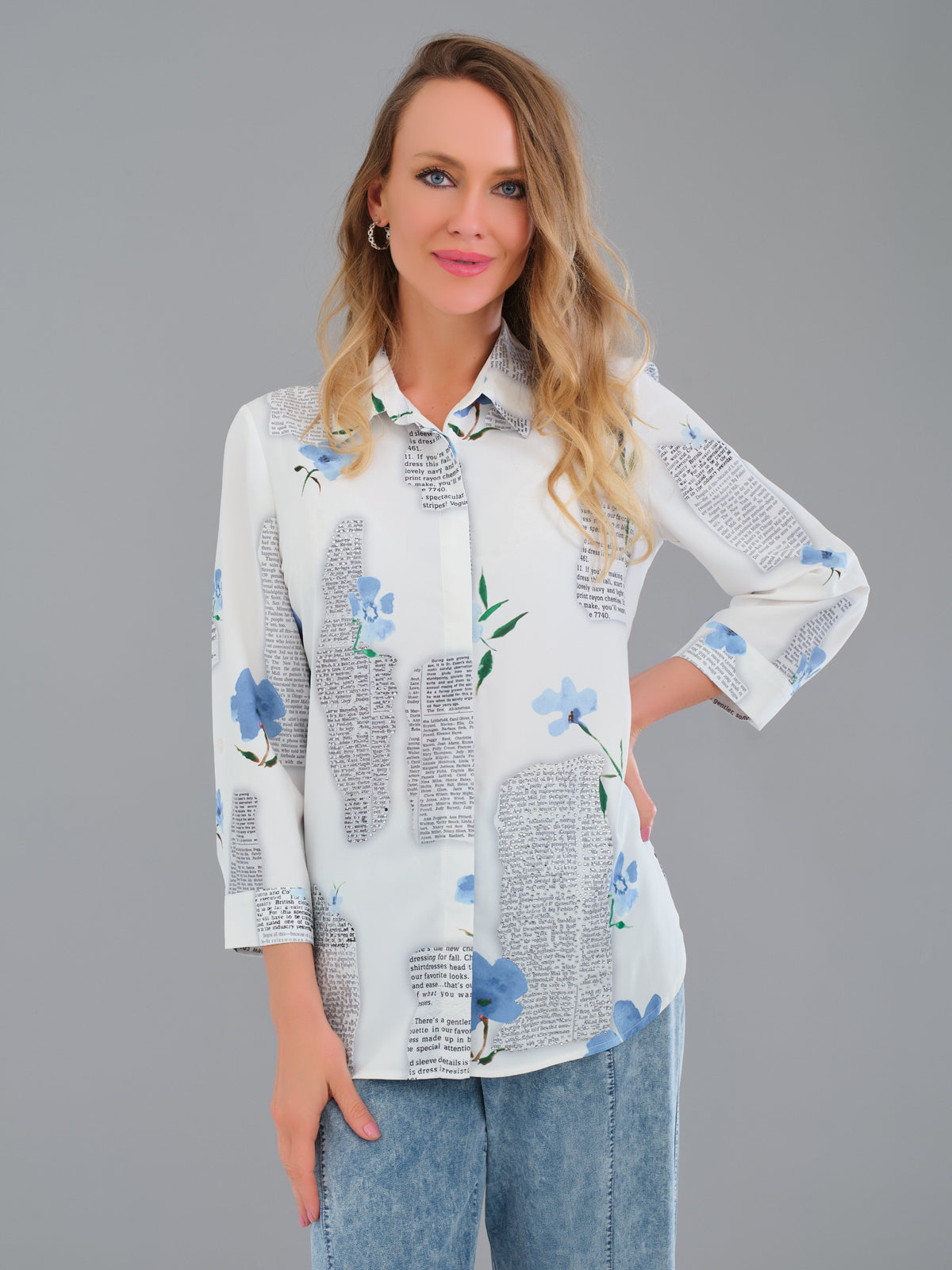 Silky Knit Blouse with sequin newspaper print